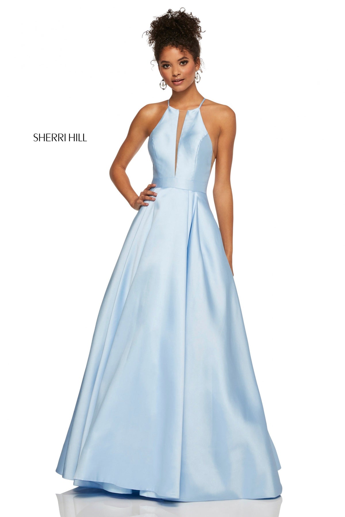 Sherri Hill 52583 high neck mikado A-line skirt pockets in light blue
