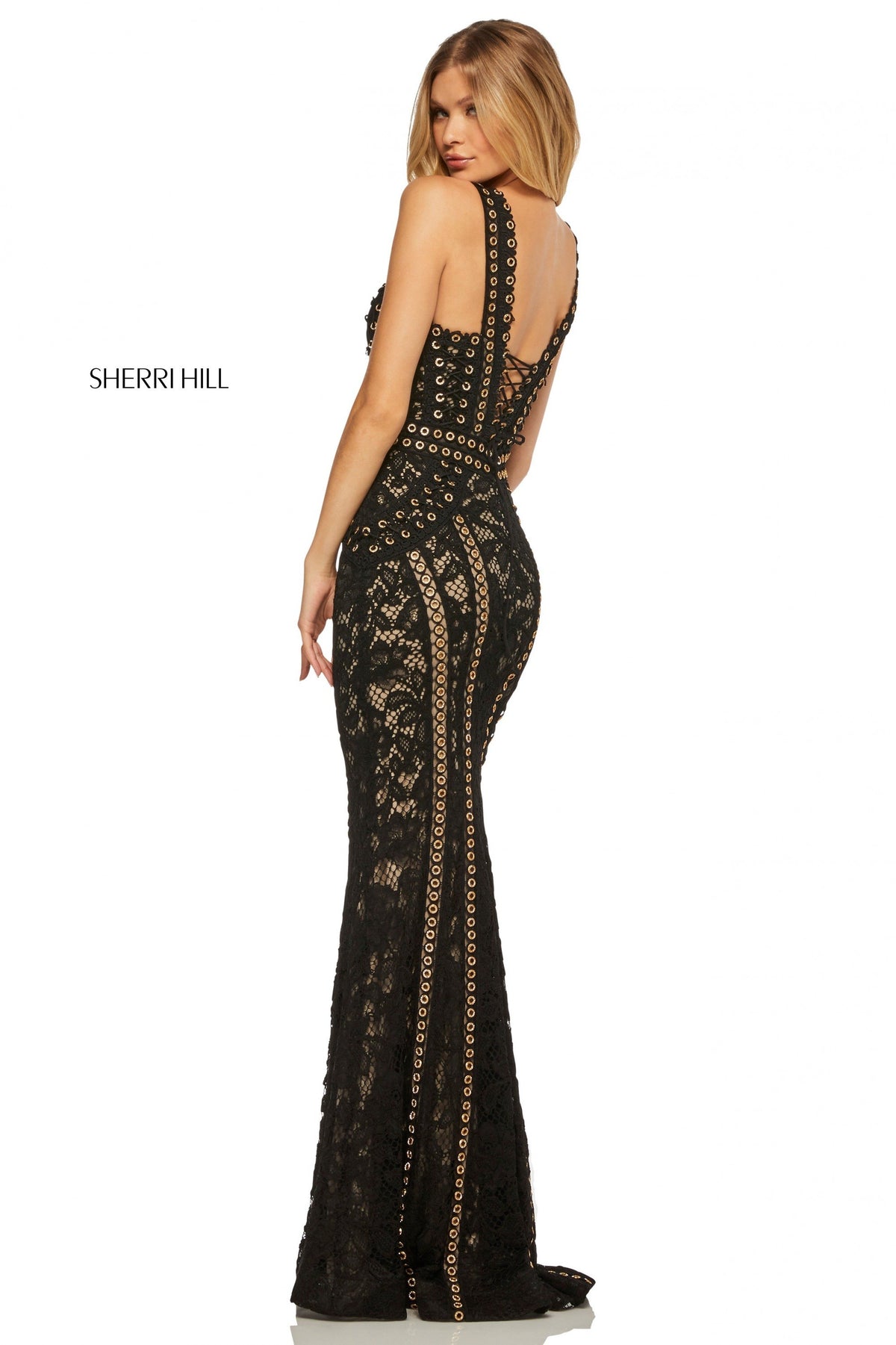 Sherri Hill 52611 lace mermaid gown with grommet detail