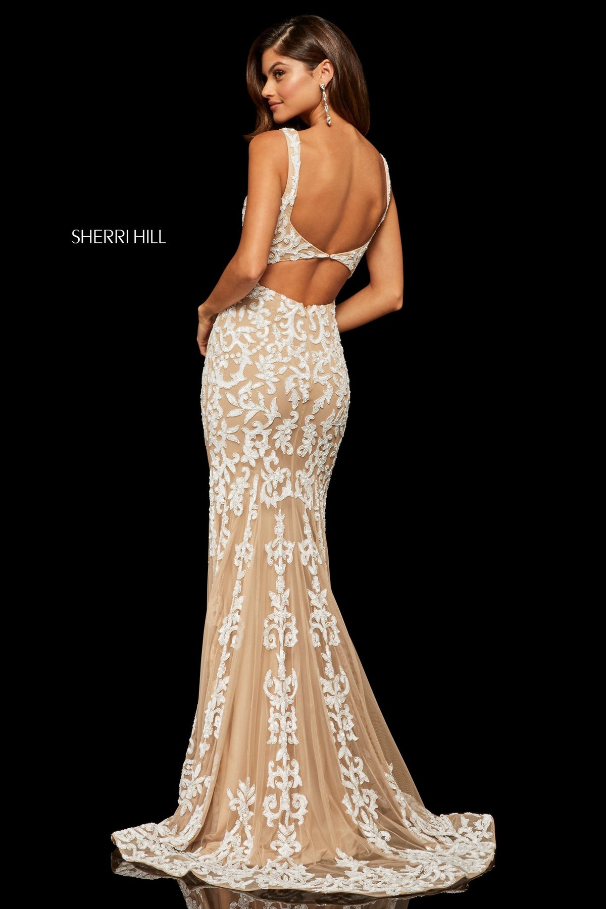 Sherri Hill 52925 fitted sequined chiffon gown in nude/ivory