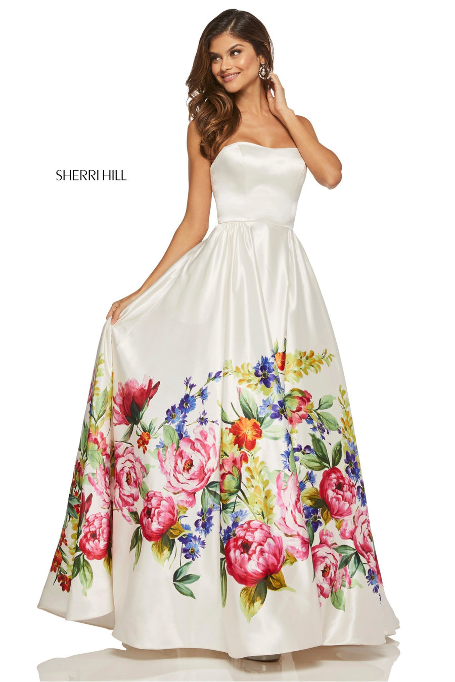 Sherri Hill style 52626 in ivory print, Strapless Satin Ball Gown