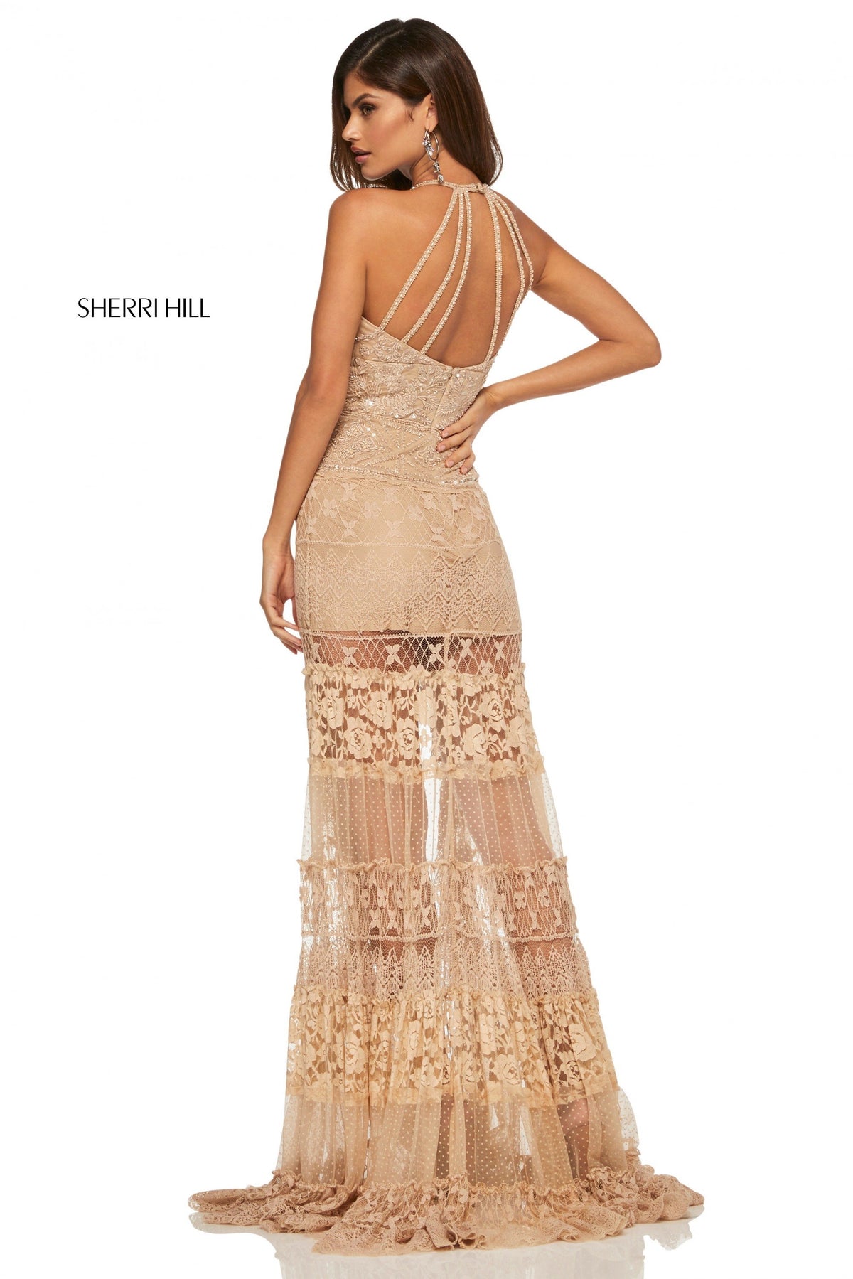 Sherri Hill 52663 lace halter neck high-low sheer skirt