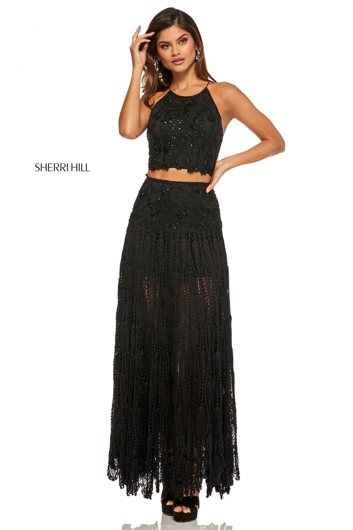 Sherri Hill 52671 two-piece hand crocheted skirt in black