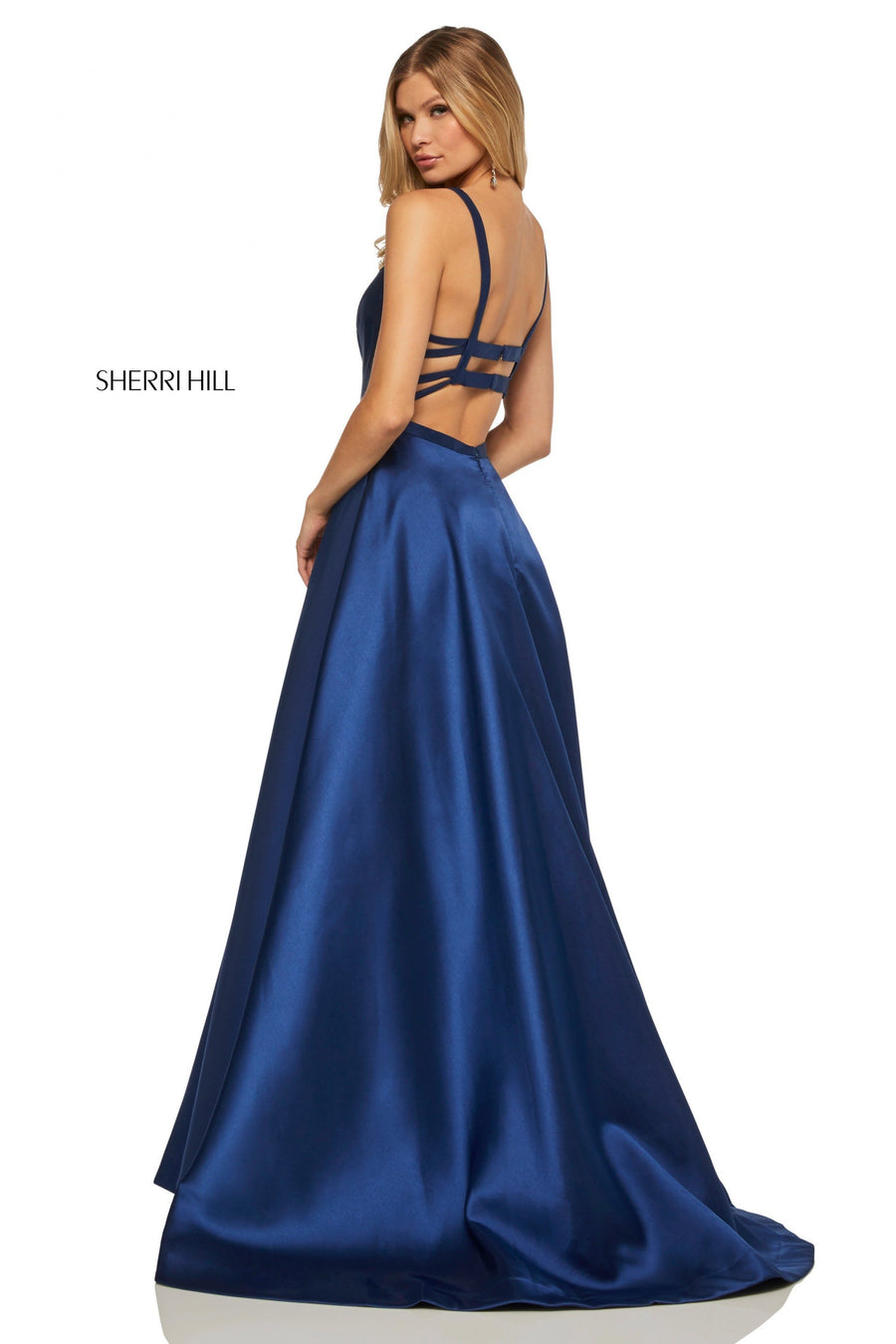 Sherri Hill style 52715 in navy, Satin A-Line Gown with Pockets