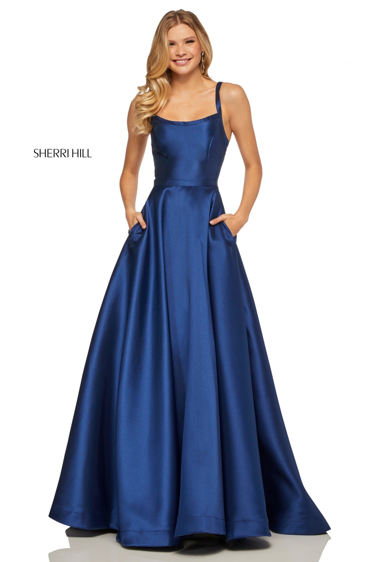 Sherri Hill 52715 satin A-line gown with pockets