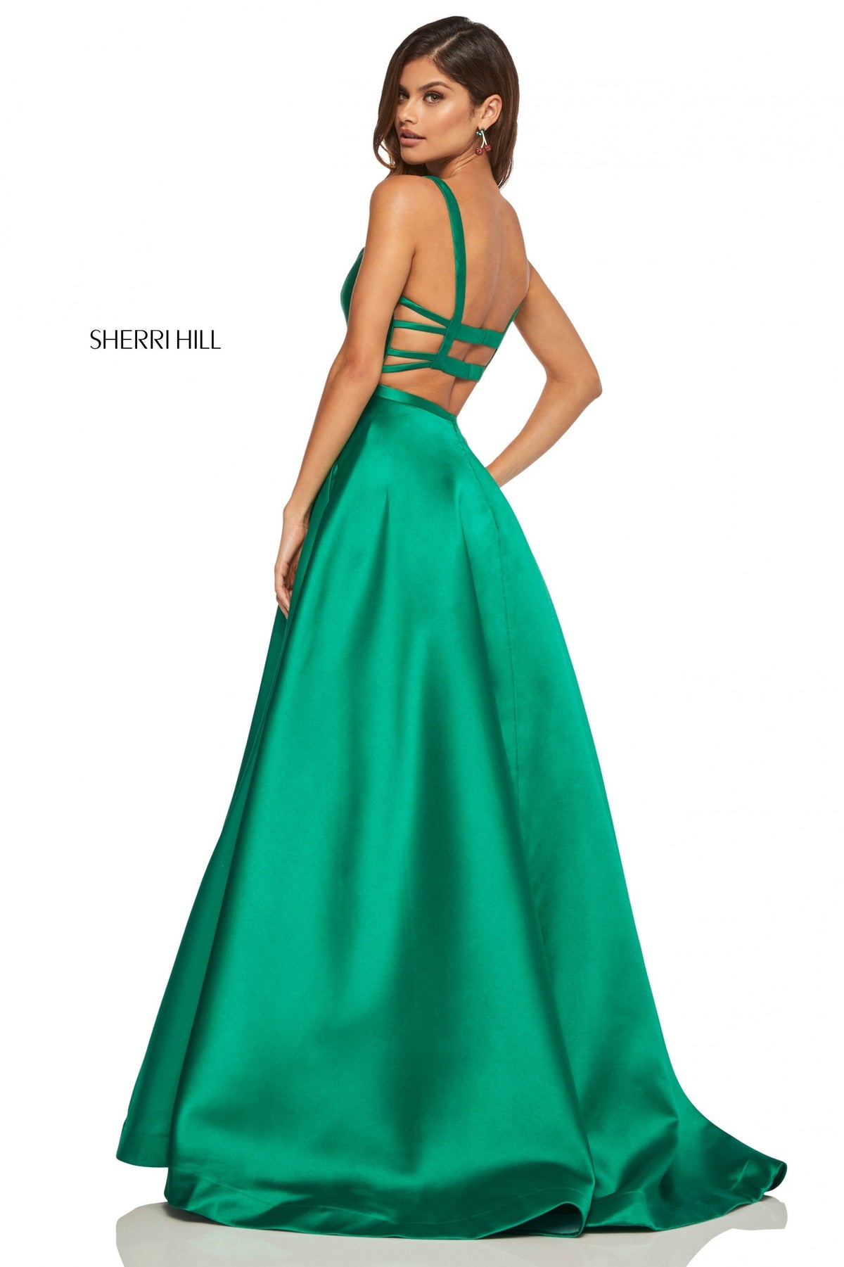 Sherri Hill 52715 satin A-line gown with pockets in emerald