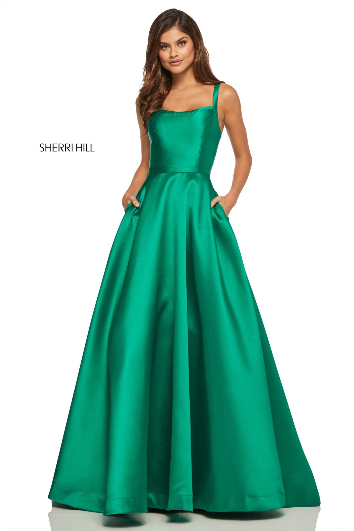 Sherri Hill 52715 satin A-line gown with pockets