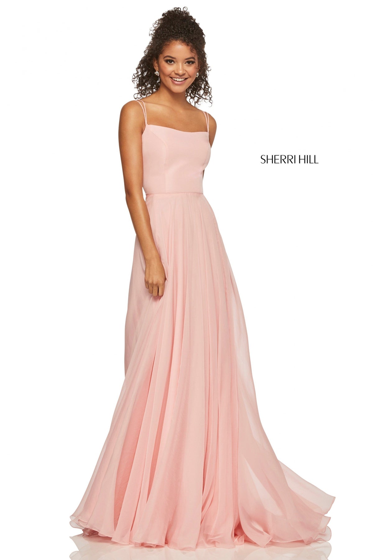 Sherri Hill 52839 satin bodice with chiffon skirt in blush
