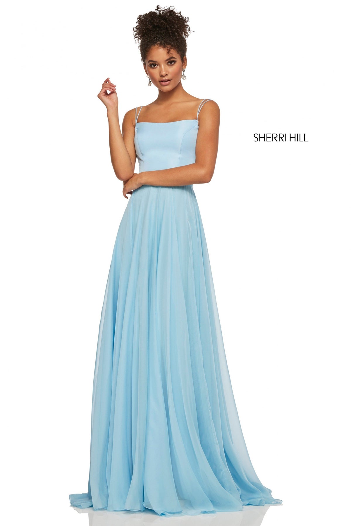 Sherri Hill 52839 satin bodice with chiffon skirt in light blue