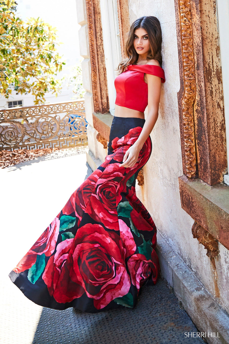 Sherri Hill style 51850 in red print, Bodice with Floral Mermaid Skirt