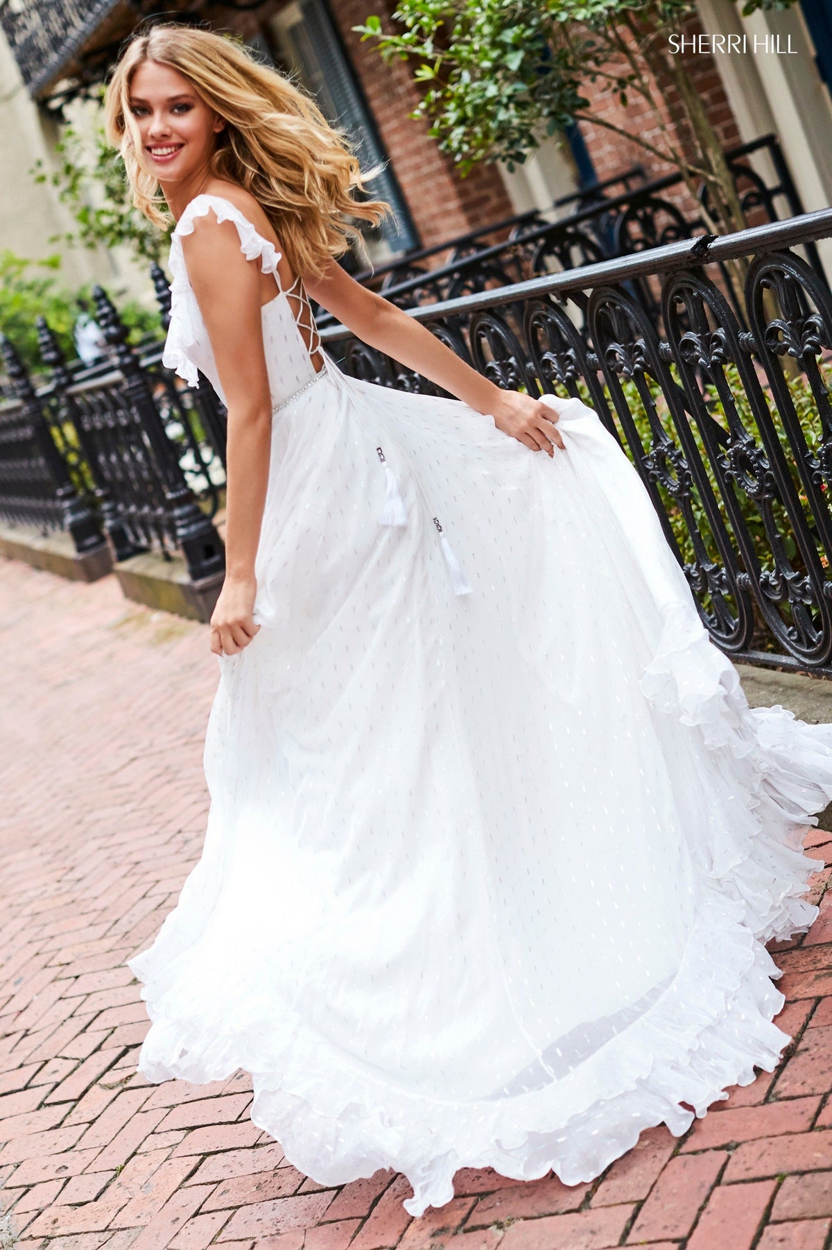 Sherri Hill 52643 chiffon metallic print dress in ivory