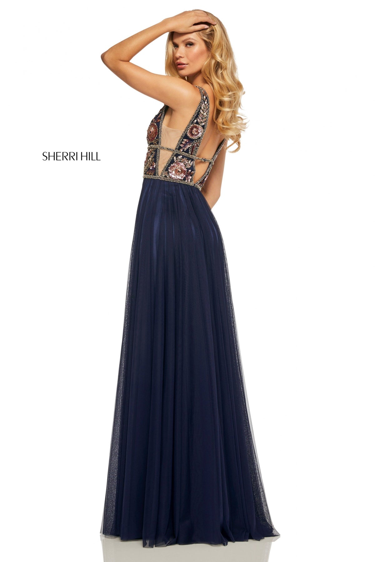 Sherri Hill 52473 gathered chiffon skirt in navy/blush