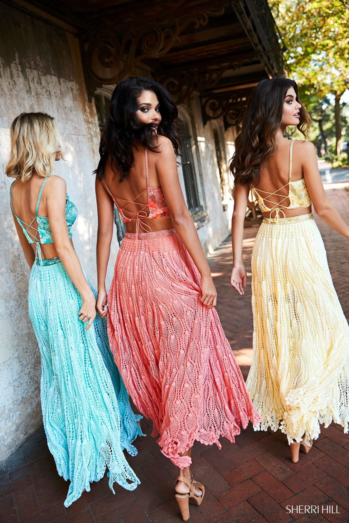 Sherri Hill 52914 two-piece crochet dress in yellow