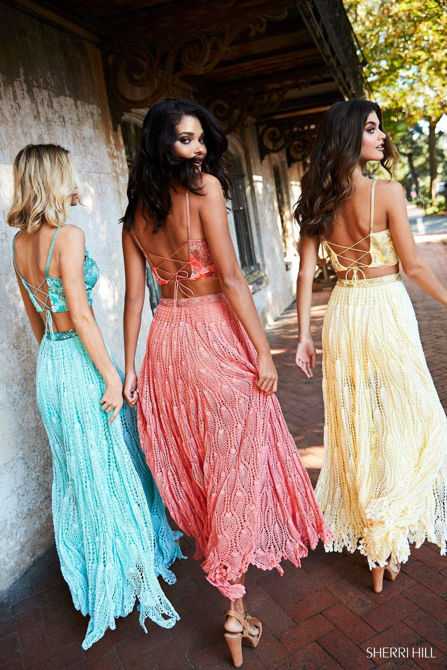 Sherri Hill style 52914 in yellow, Two-Piece Crochet Dress