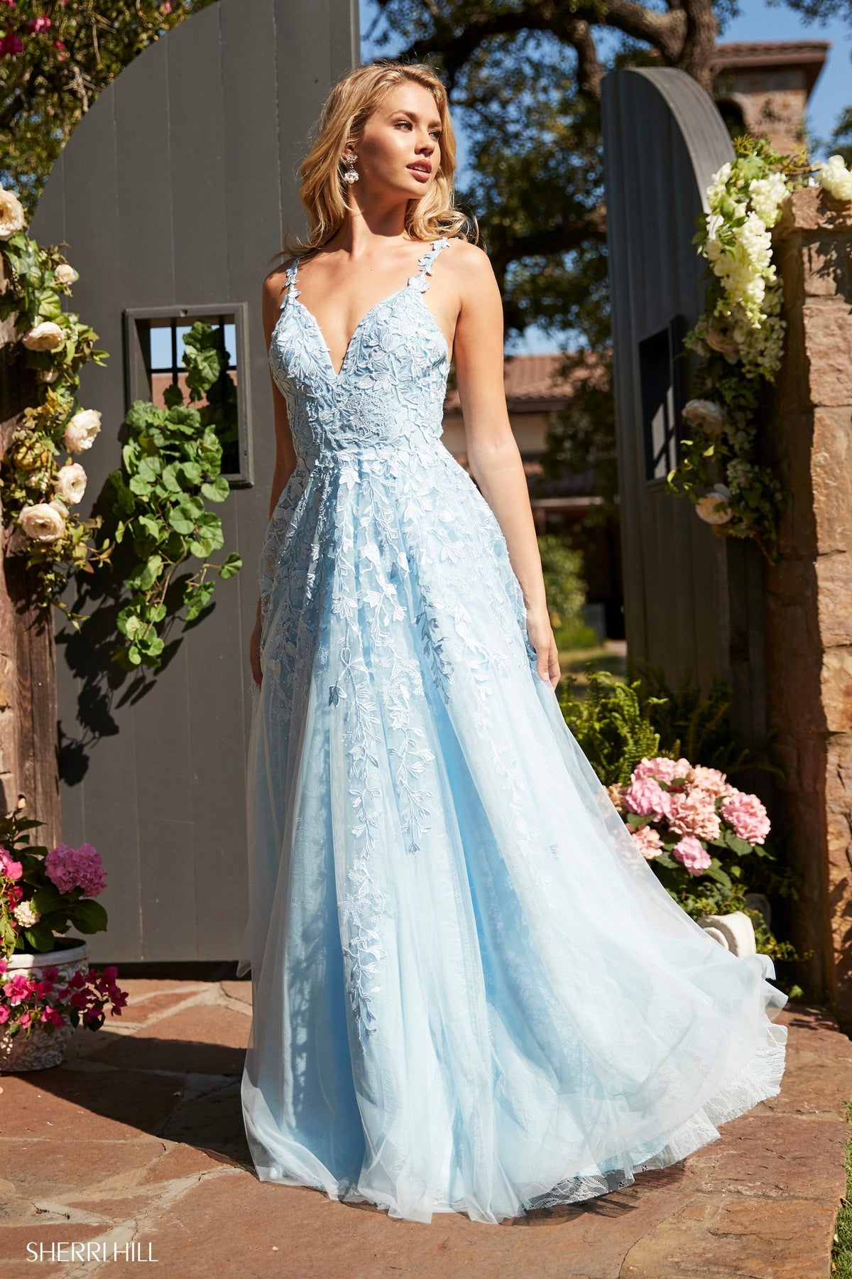 Sherri Hill 52342 leaf lace appliqued A-line gown in light blue
