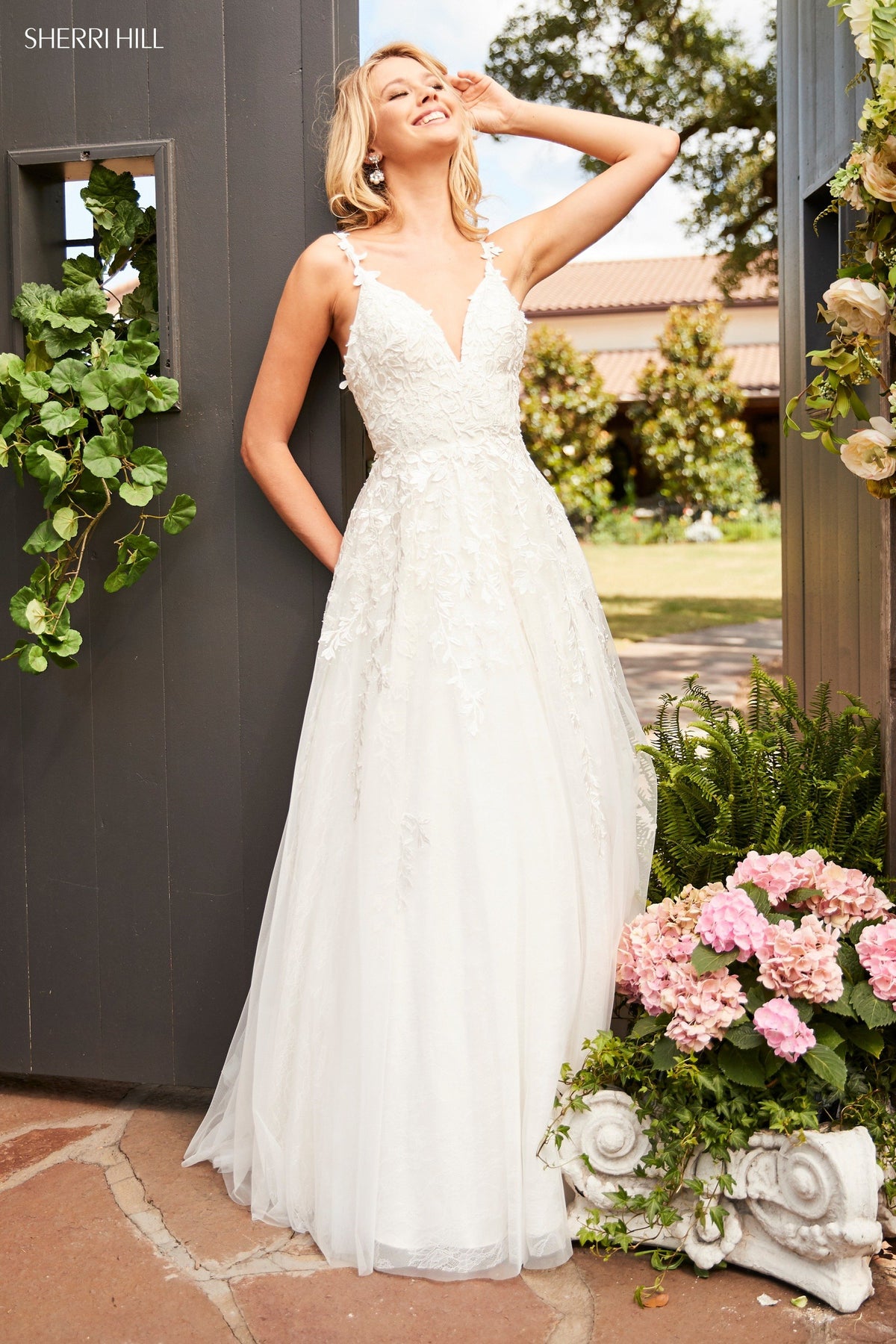 Sherri Hill 52342 leaf lace appliqued A-line gown