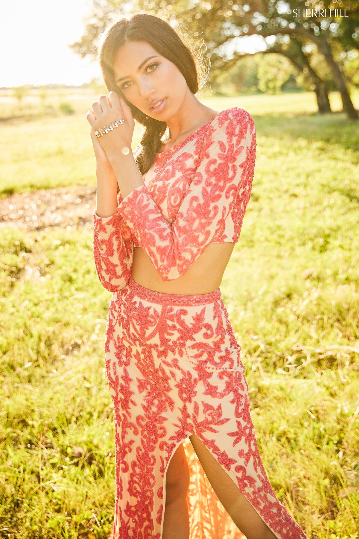 Sherri Hill 52459 beaded two-piece gown in nude/coral