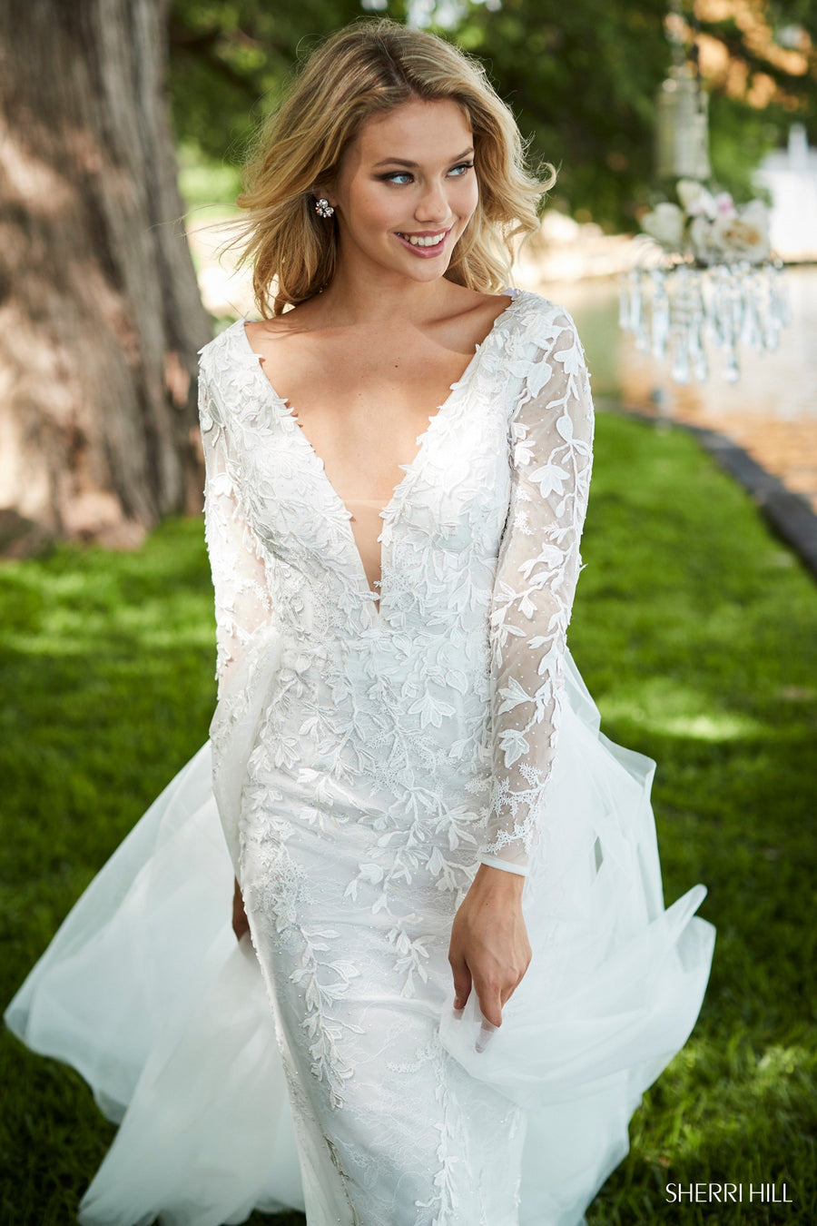Sherri Hill style 52476 in blush, Long Sleeve Lace Fitted Gown