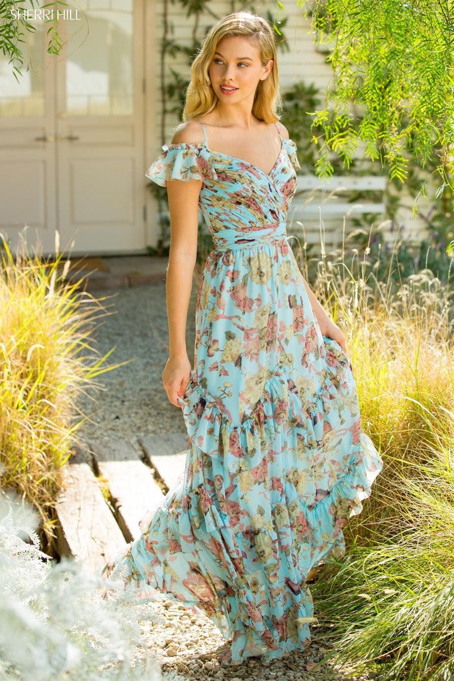 Sherri Hill style 52533 in light blue print, Light Blue Floral Chiffon Print Gown