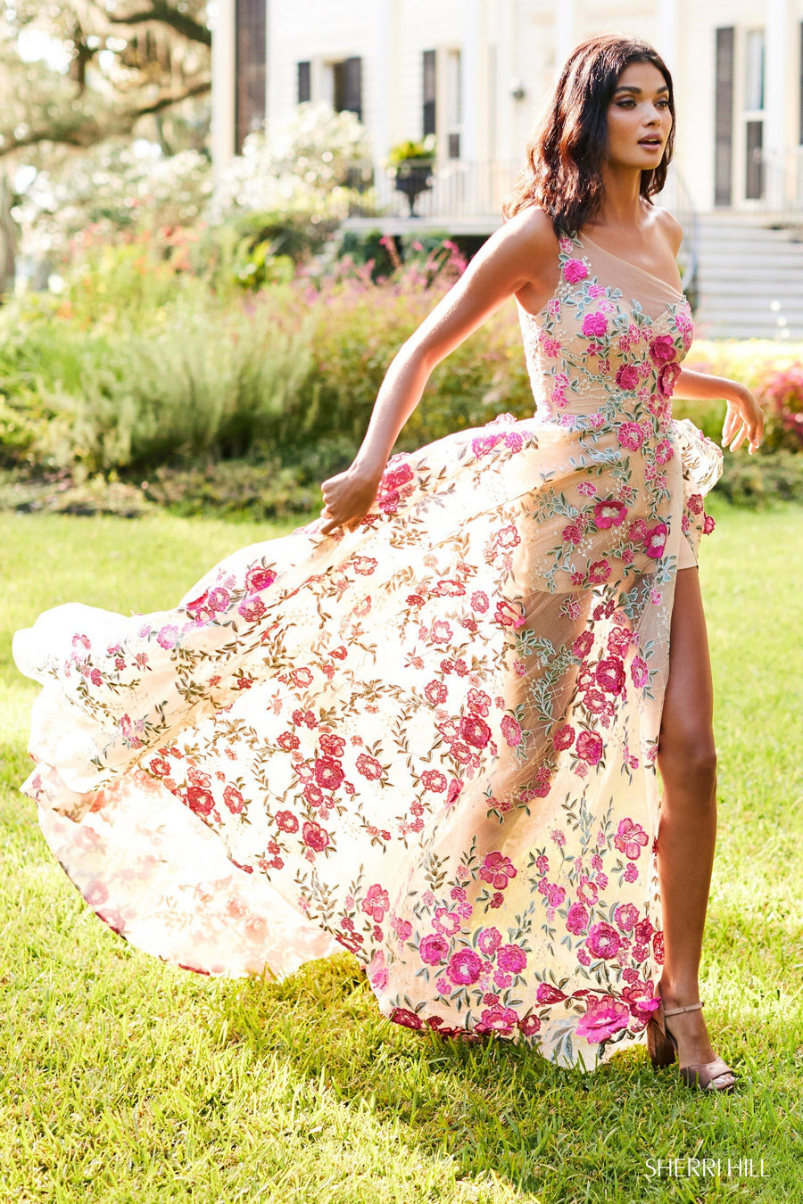 Sherri Hill style 52658 in nude/fuchsia, Embroidered Organza A-Line Slit Skirt