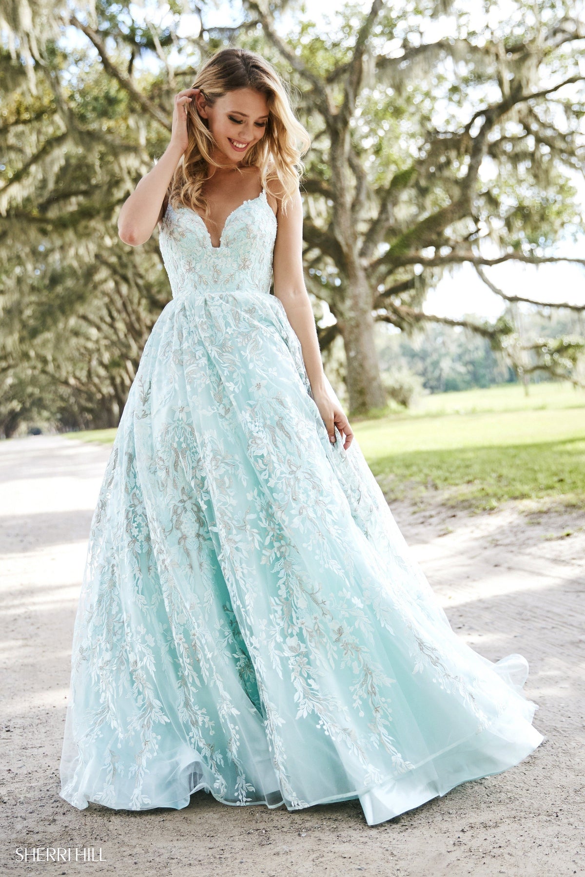Sherri Hill 52759 embroidered ball gown in seafoam