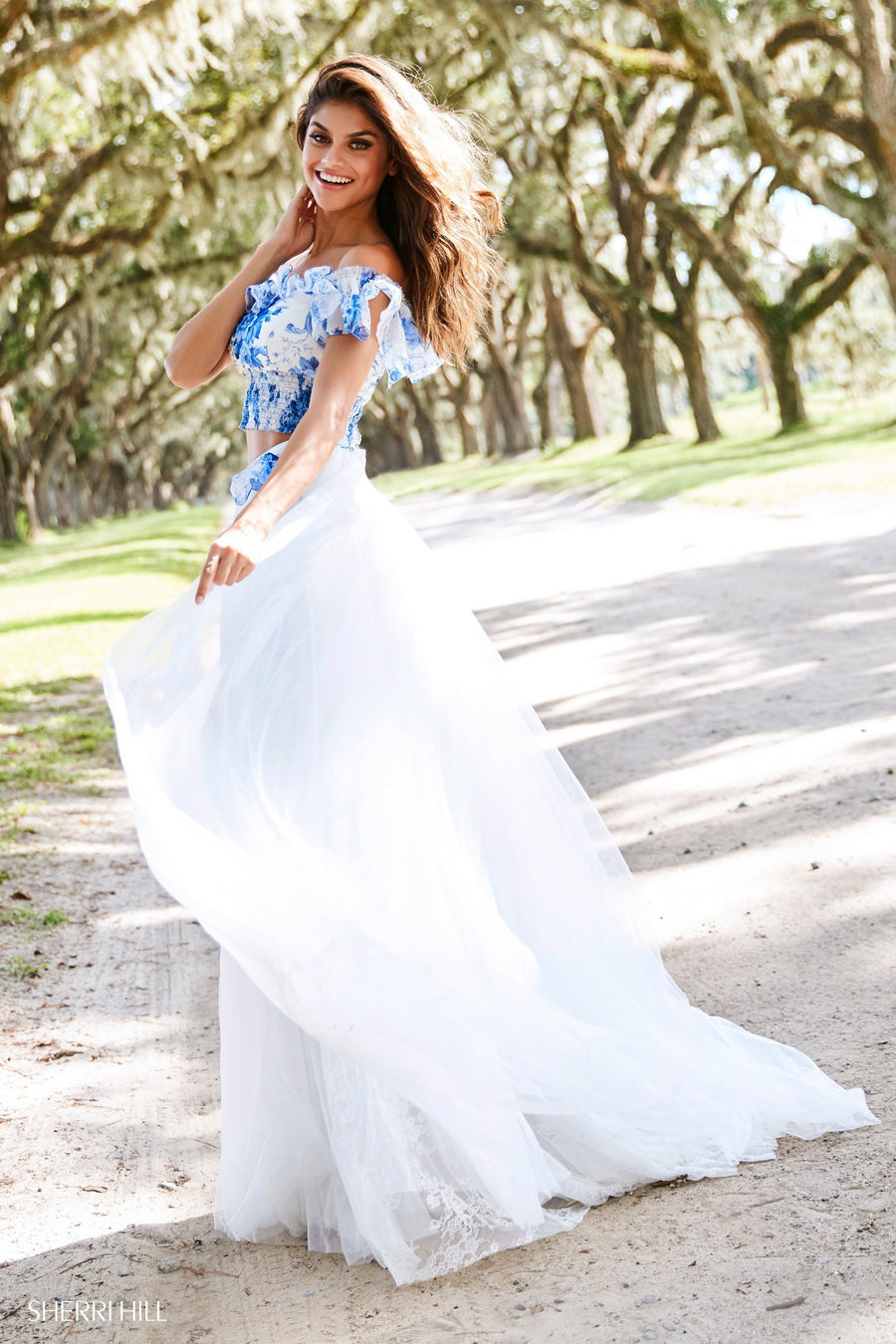 Sherri Hill style 52910 in blue/ivory print, Smocked Off-the-Shoulder Printed Top