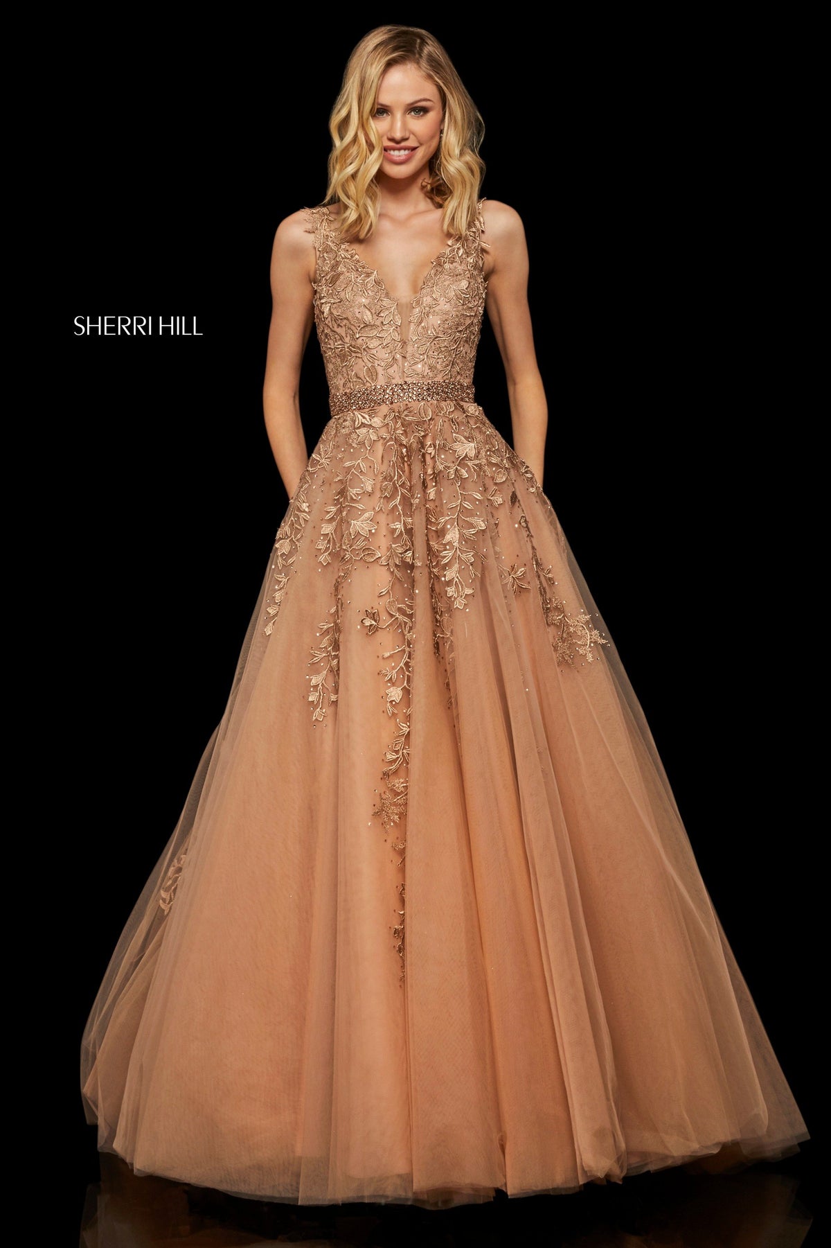Sherri Hill 11335 lace bodice tulle ball gown in gold