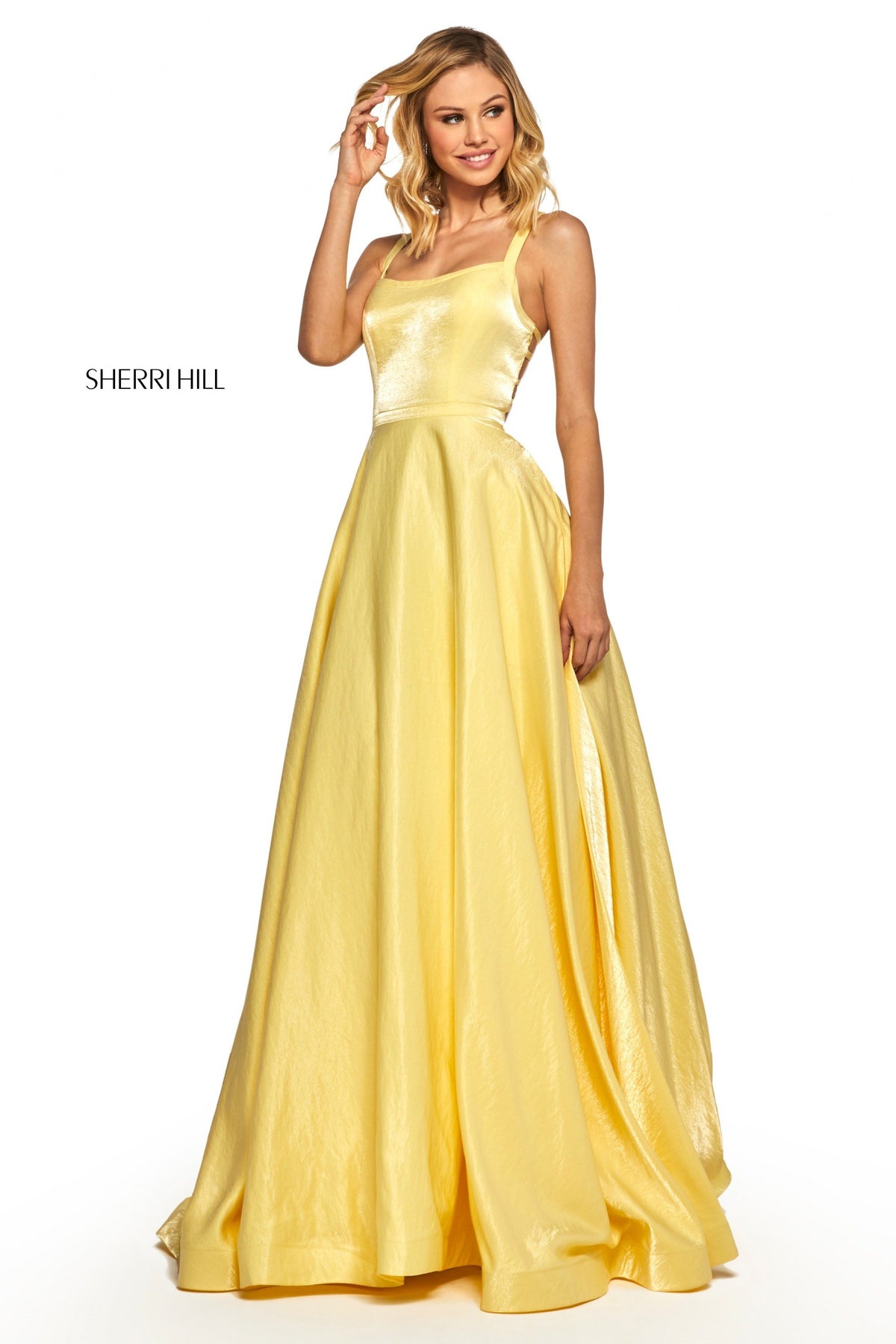Sherri Hill 52457 cross dyed shimmer A-line gown in yellow