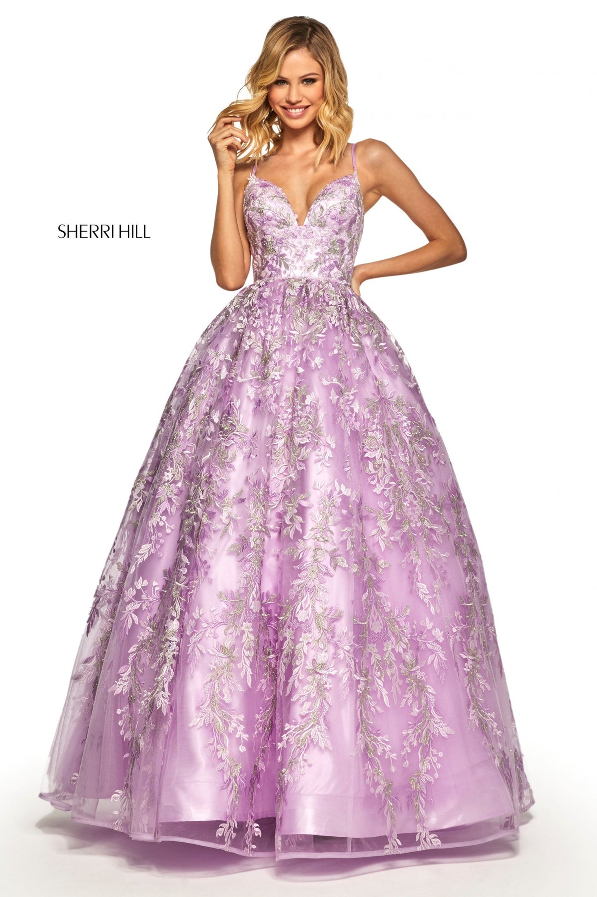 Sherri Hill 52759 embroidered ball gown in lilac
