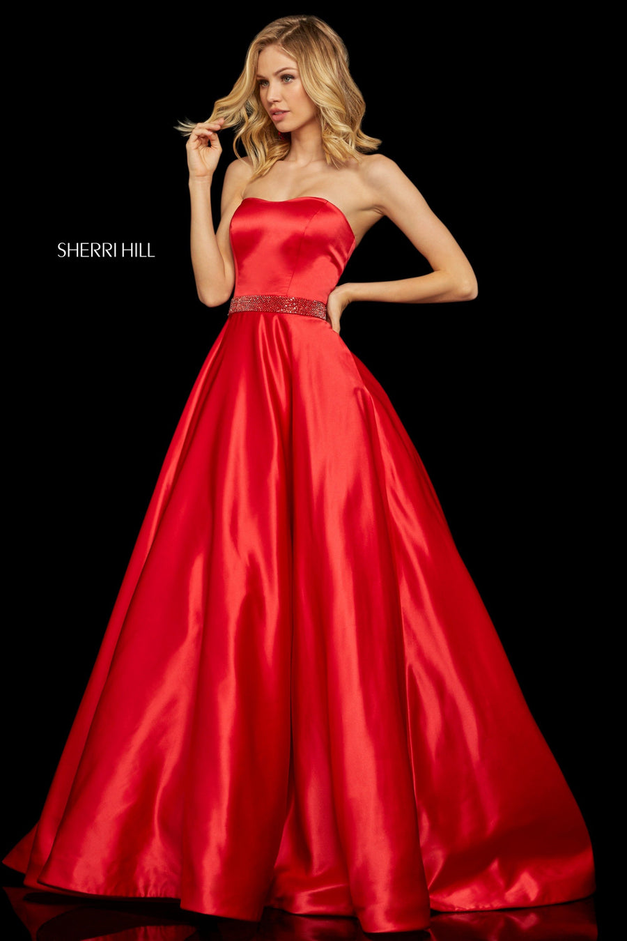 Sherri Hill style 52776 in light blue/mocha, Strapless Satin Ball Gown