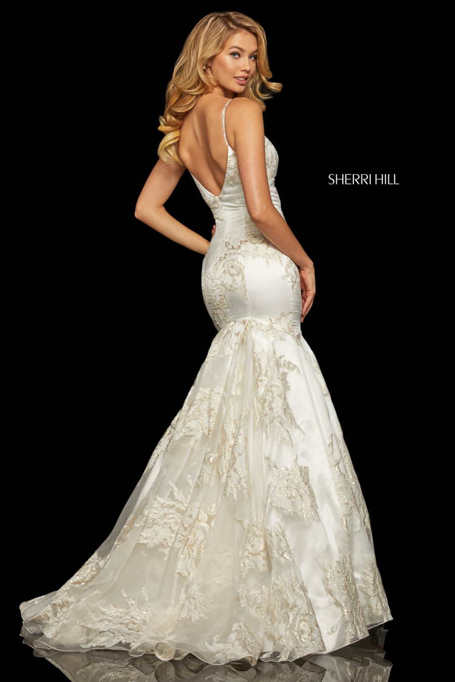 Sherri Hill style 52951 in ivory/gold, Metallic Print Mermaid Gown