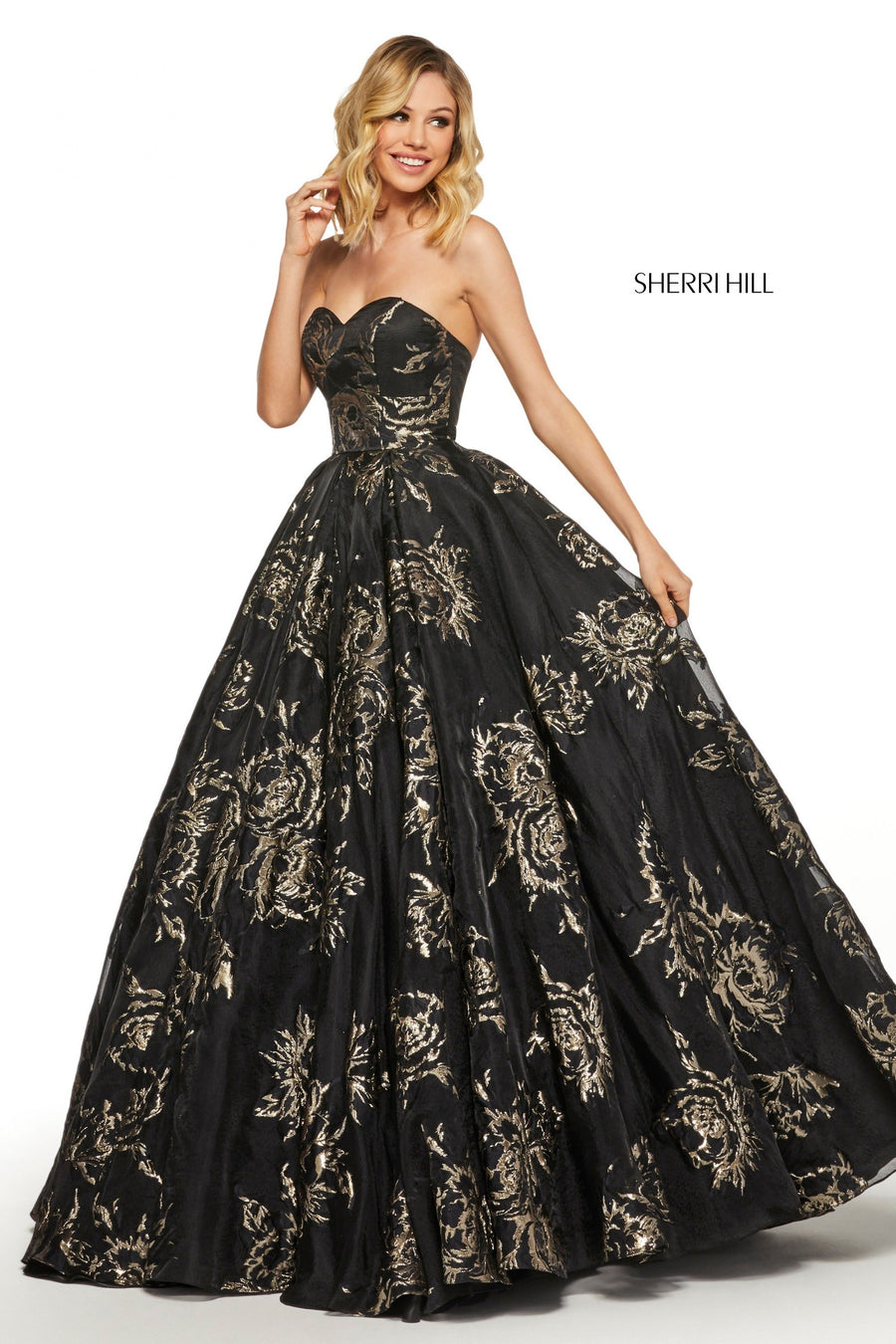 Sherri Hill style 52952 in ivory/gold, Metallic Print Ball Gown