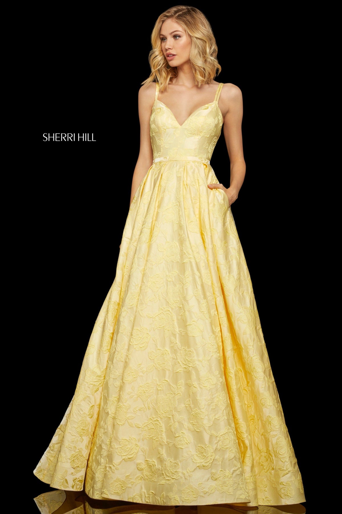 Sherri Hill 52953 brocade A-line gown in yellow