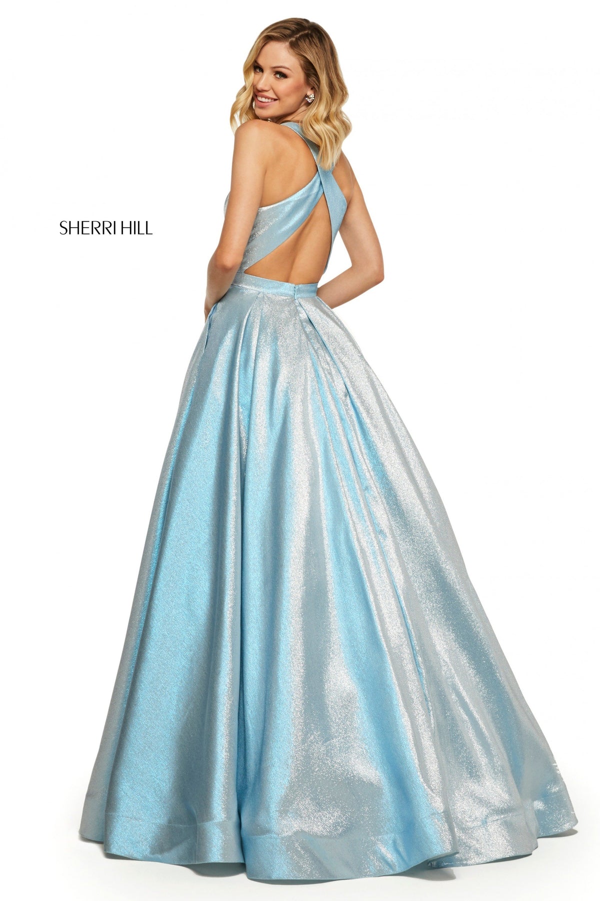 Sherri Hill 52957 glitter ball gown with high neckline