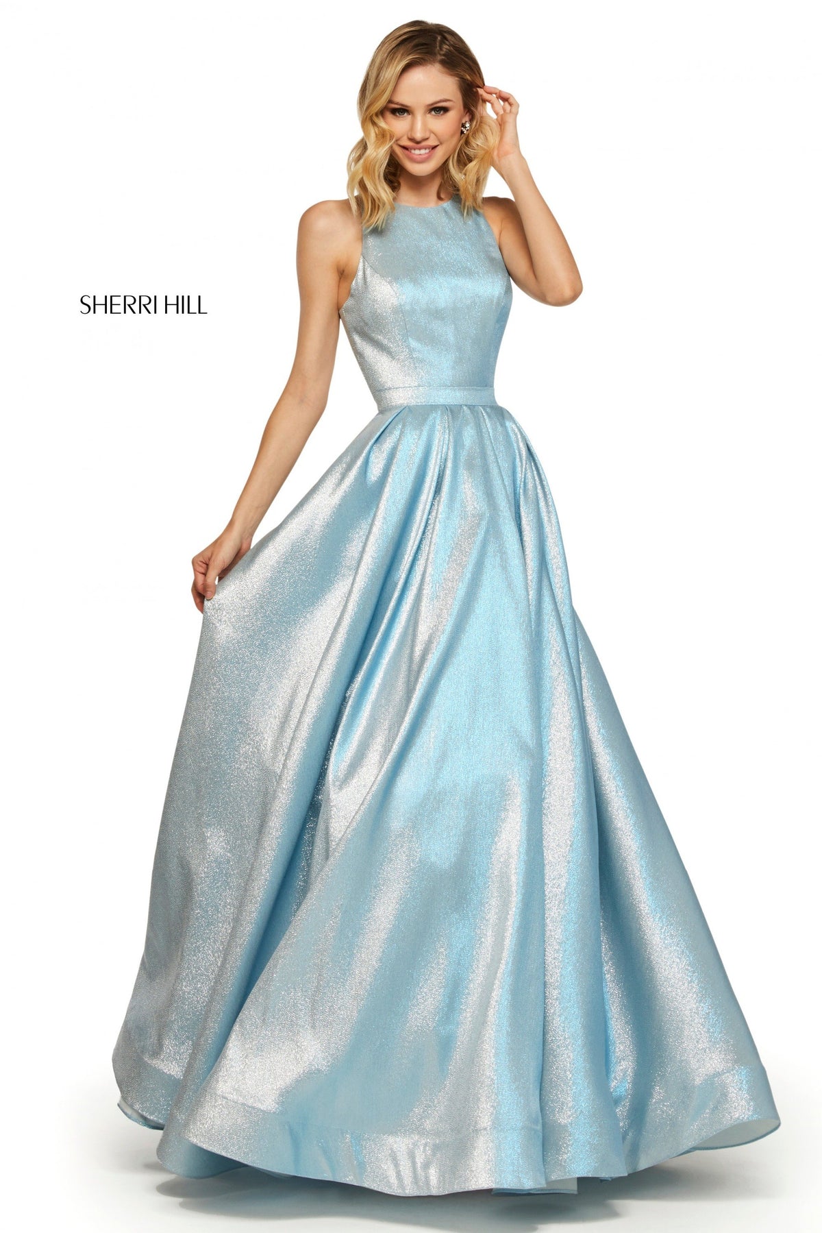 Sherri Hill 52957 glitter ball gown with high neckline in sky blue
