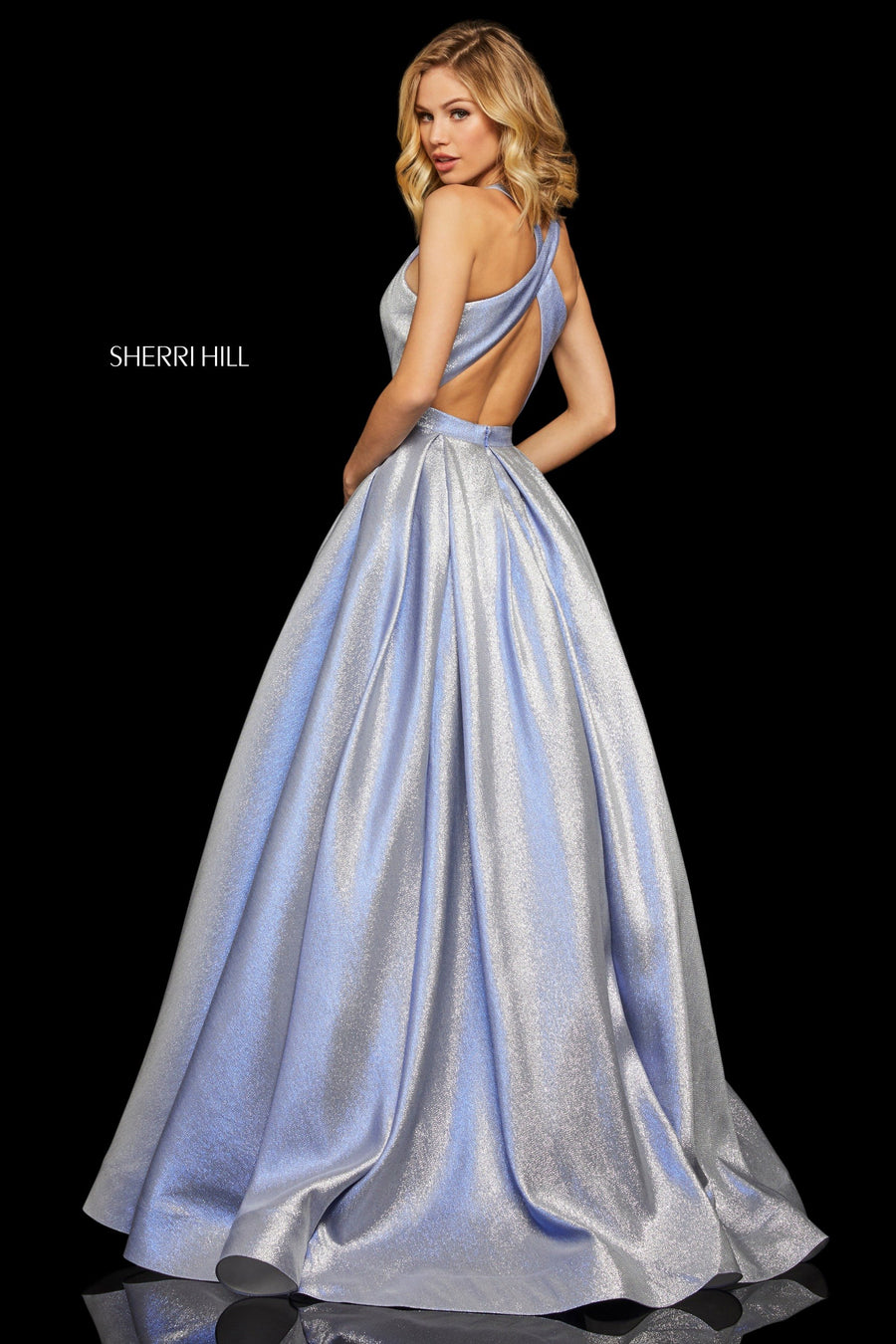 Sherri Hill style 52957 in pink, Glitter Ball Gown with High Neckline