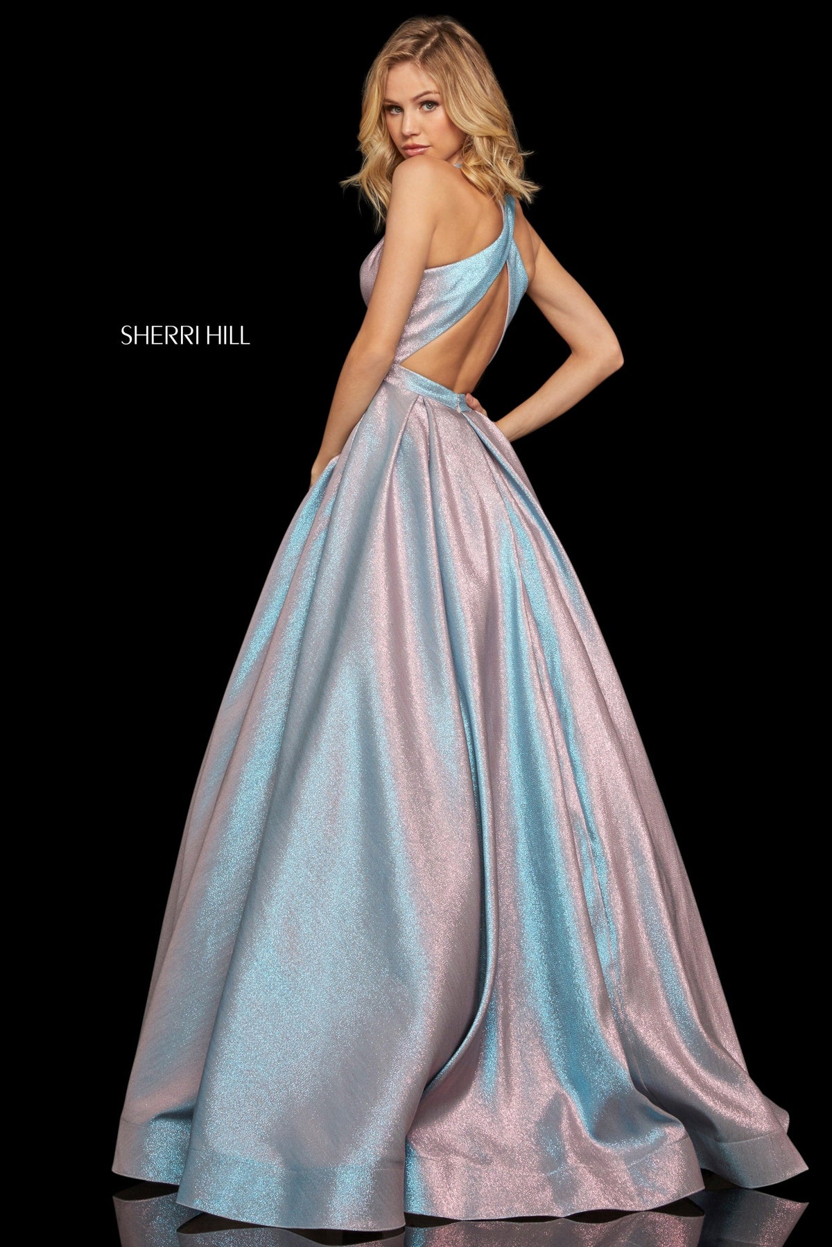 Sherri Hill 52957 glitter ball gown with high neckline
