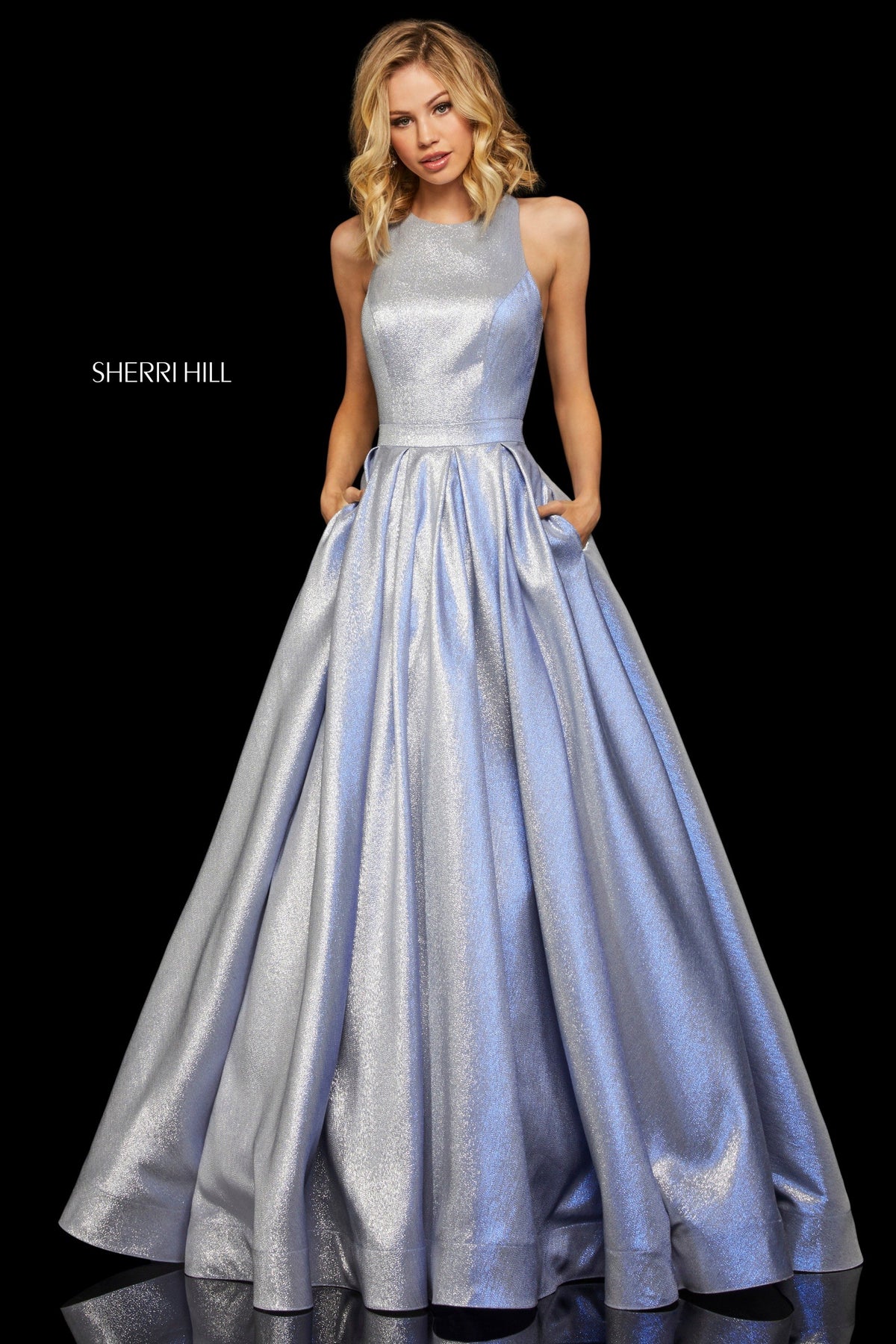 Sherri Hill 52957 glitter ball gown with high neckline