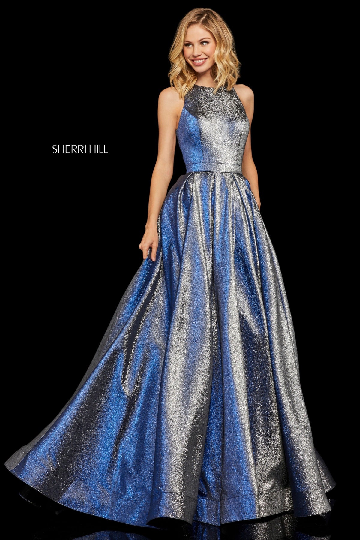 Sherri Hill 52957 glitter ball gown with high neckline