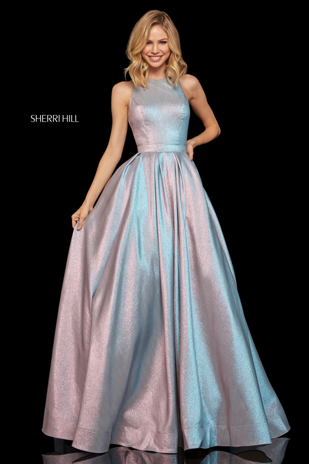 Sherri Hill 52957 glitter ball gown with high neckline in pink/blue