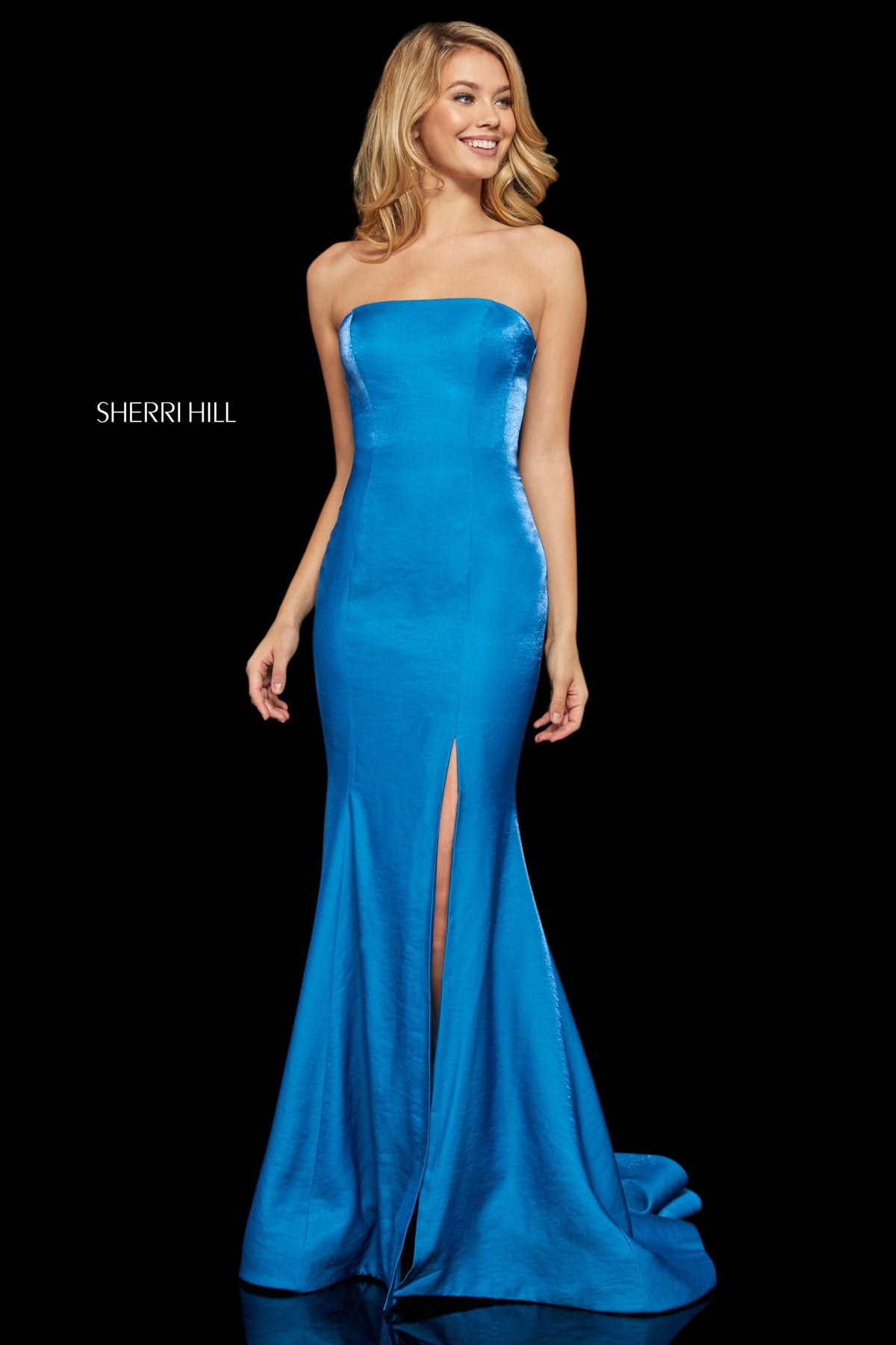 Sherri Hill 52961 with corset style back and skirt slit in teal