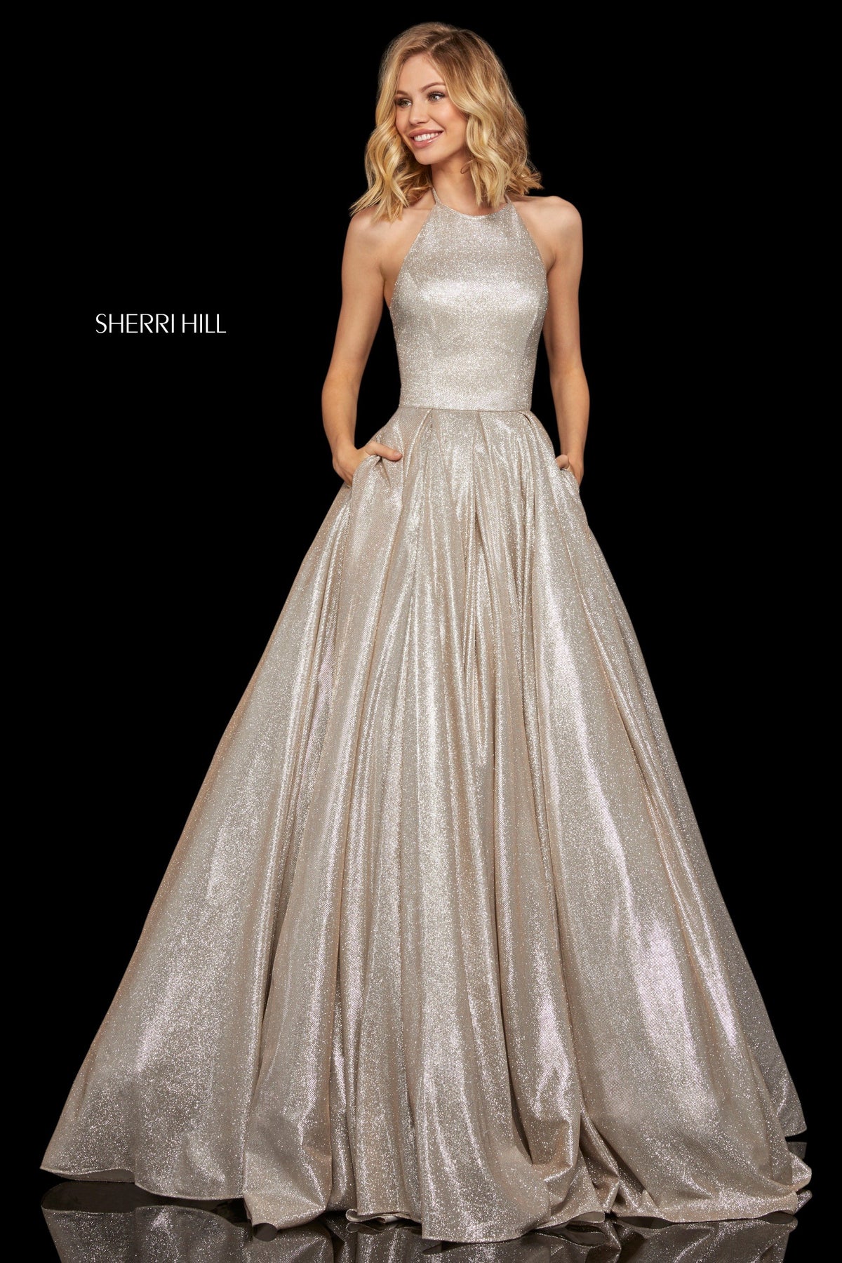Sherri Hill 52964 glitter ball gown in nude/silver