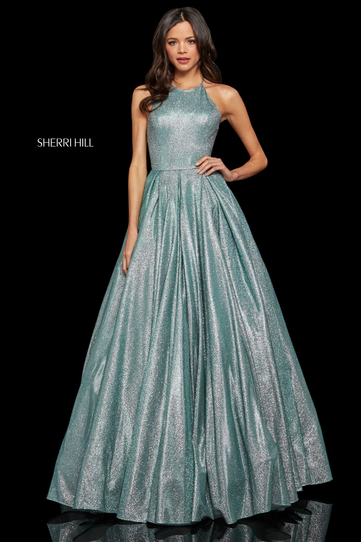Sherri Hill 52964 glitter ball gown in aqua/silver