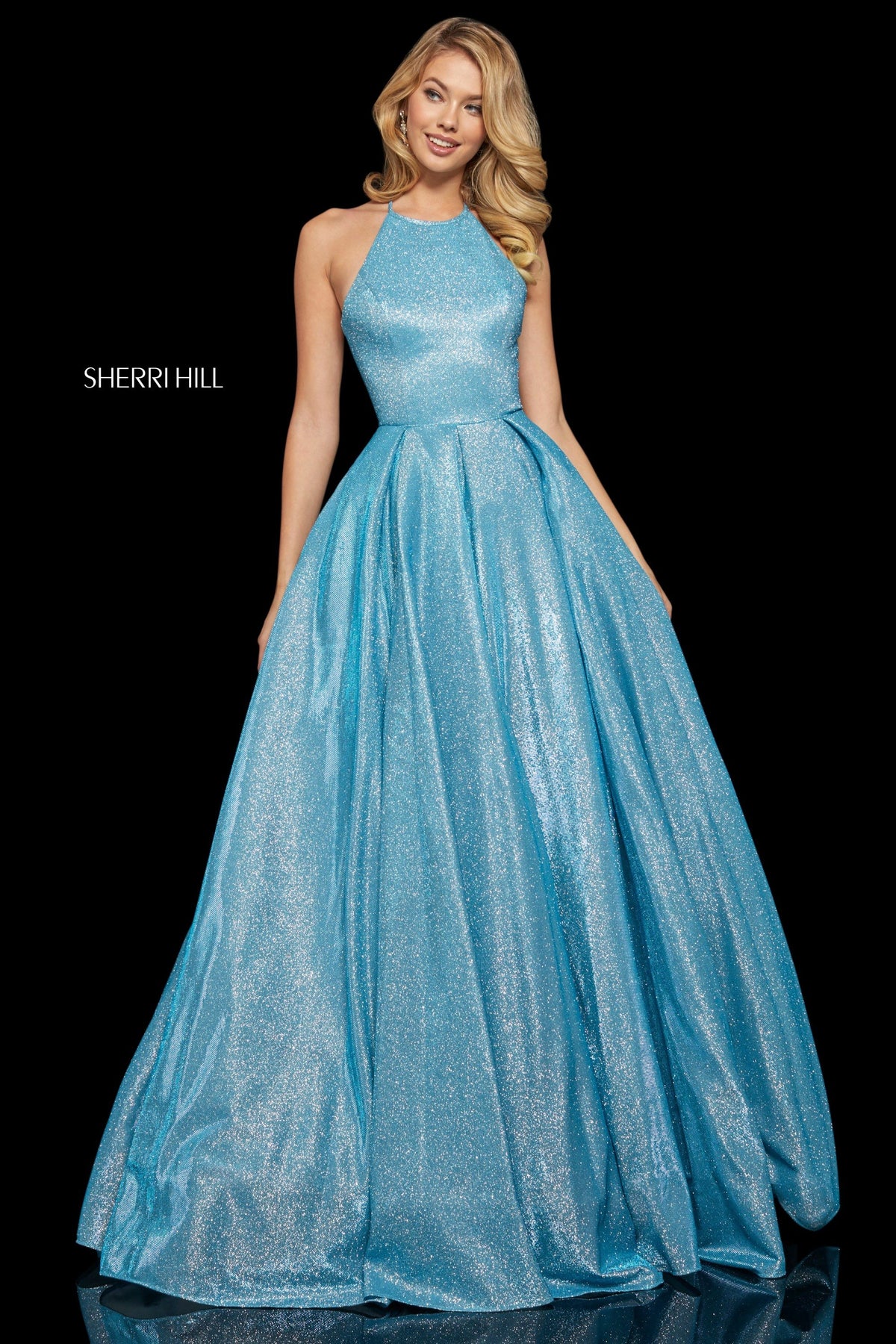 Sherri Hill 52964 glitter ball gown in turq/silver