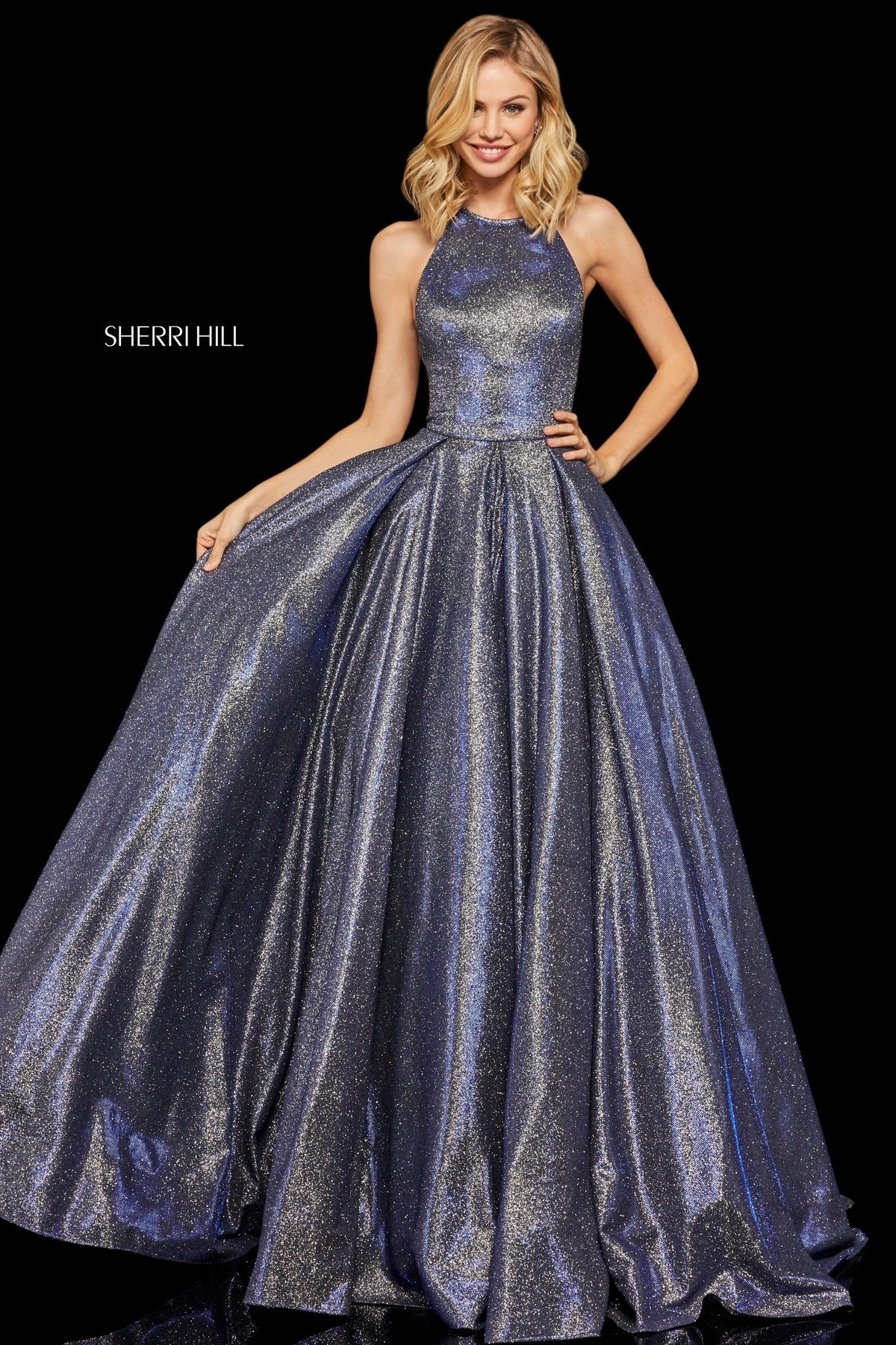 Sherri Hill 52964 glitter ball gown in royal/silver