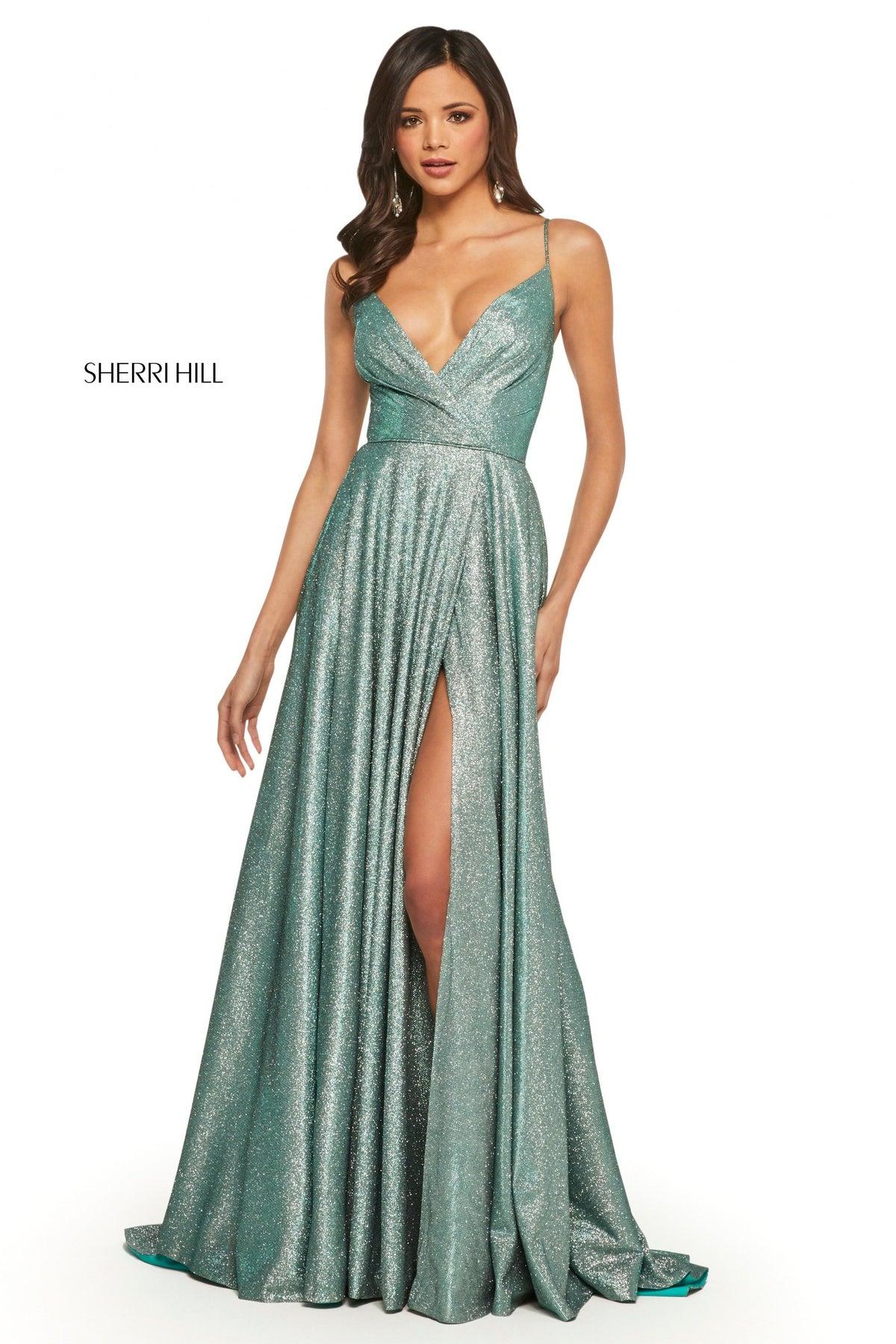 Sherri Hill 52977 glitter gown with deep v wrap bodice in aqua/silver