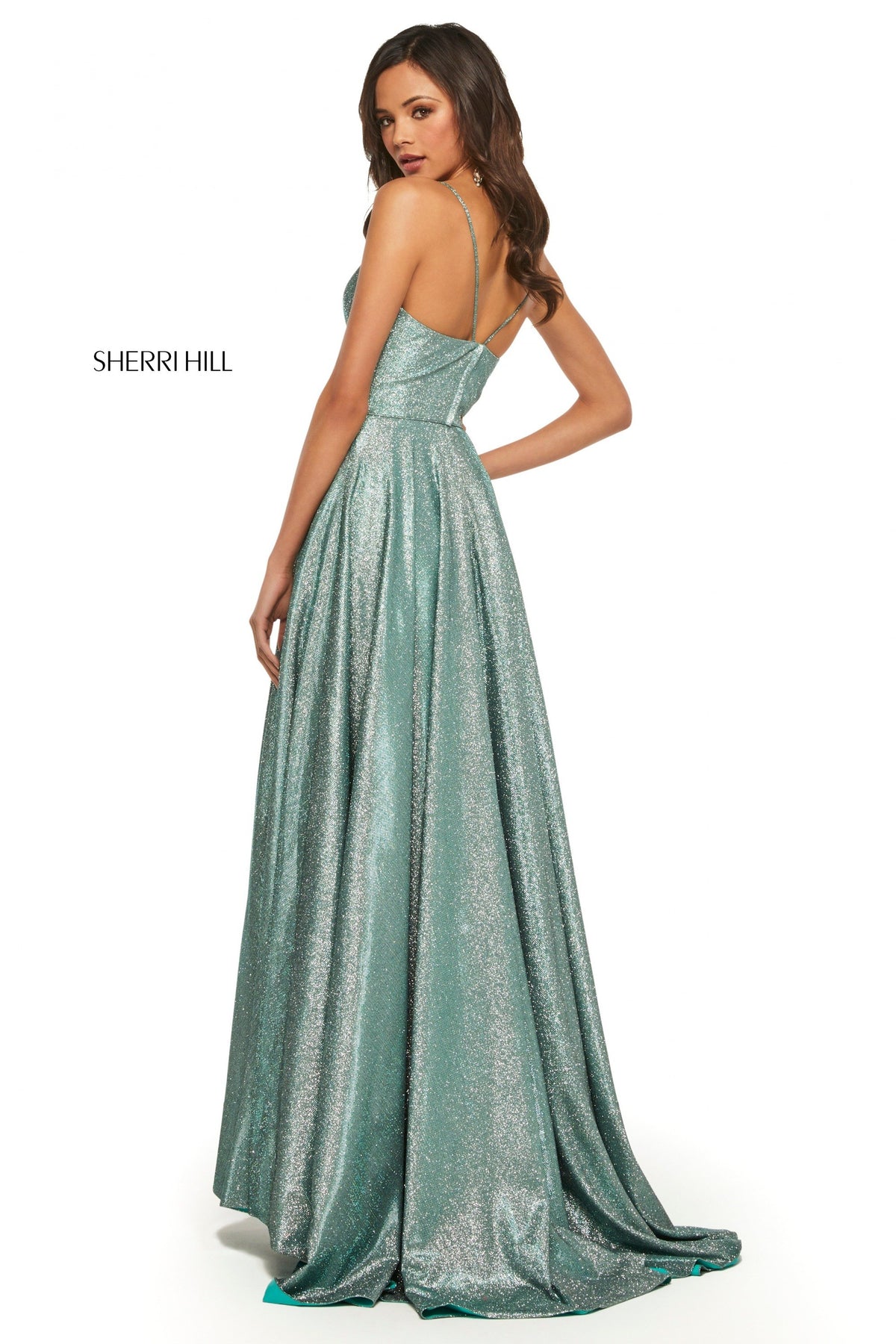 Sherri Hill 52977 glitter gown with deep v wrap bodice