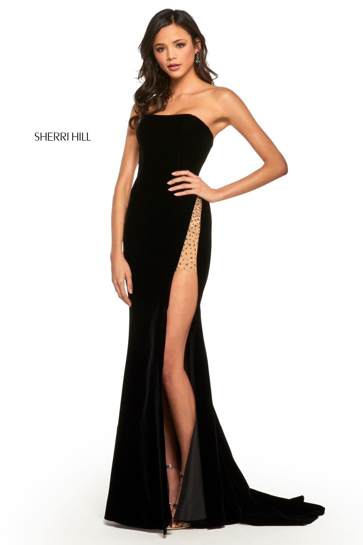 Sherri Hill 52988 strapless velvet gown with skirt slit