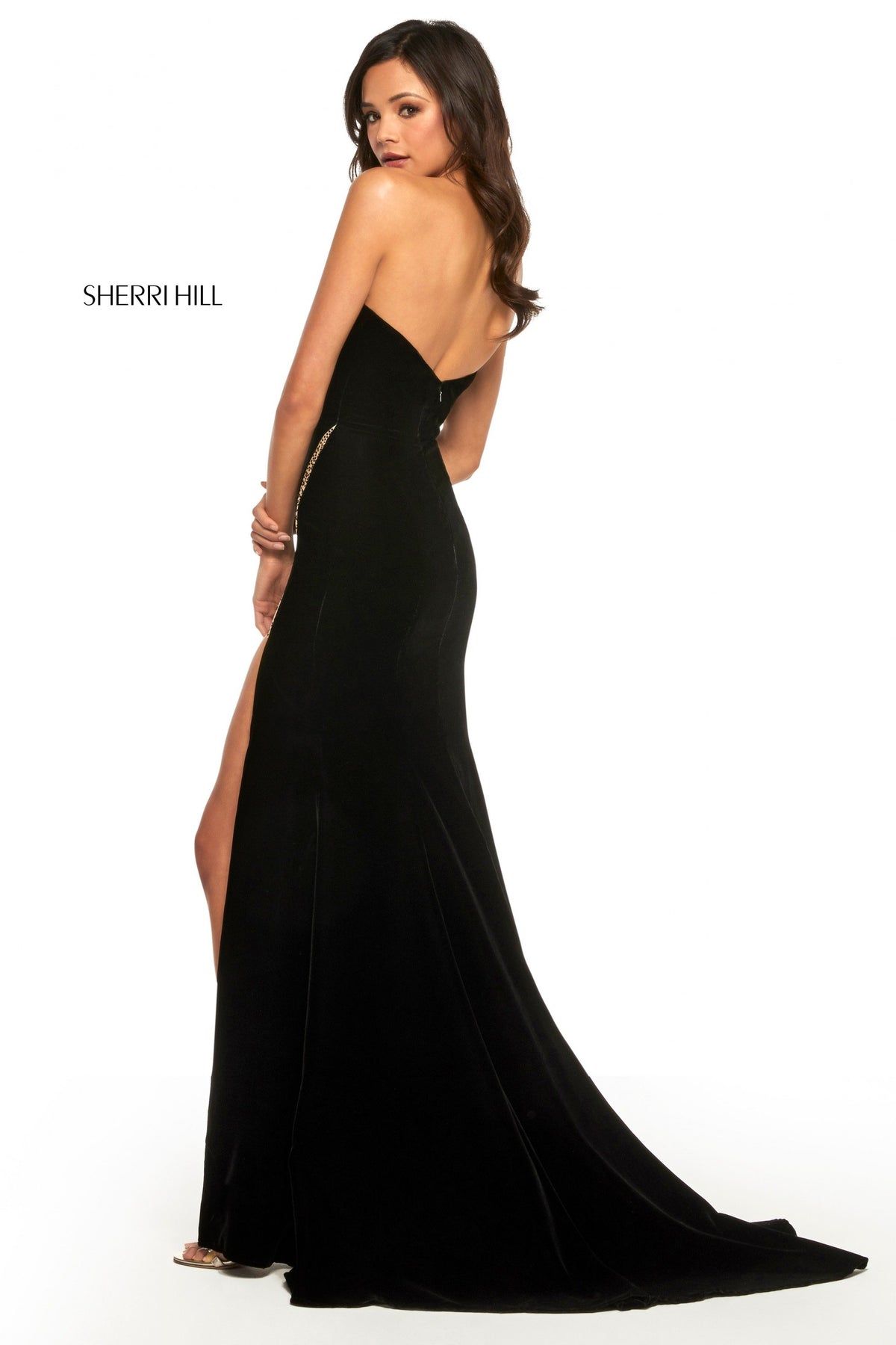 Sherri Hill 52988 strapless velvet gown with skirt slit