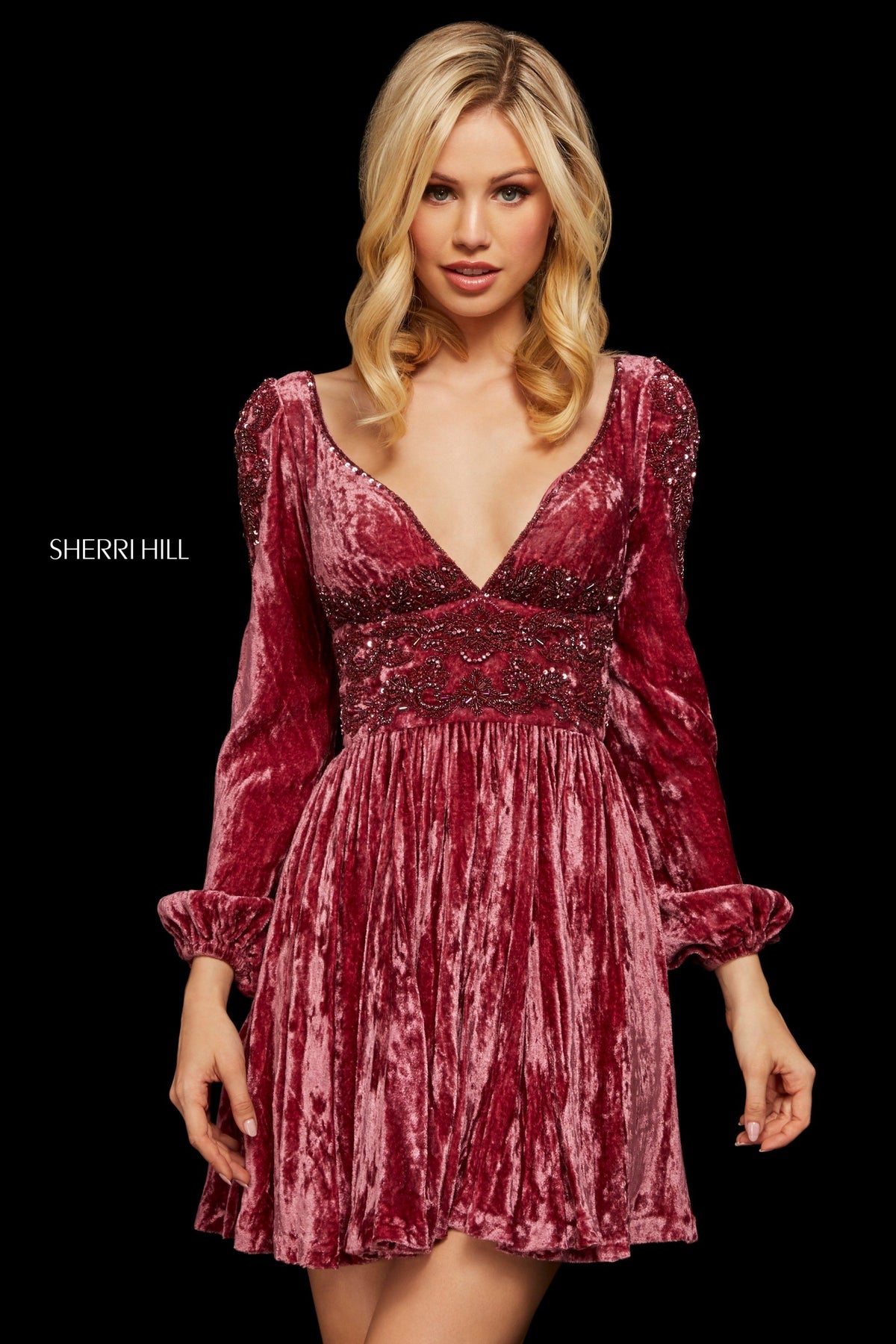 Sherri Hill 53063 crushed velvet cocktail dress in rose