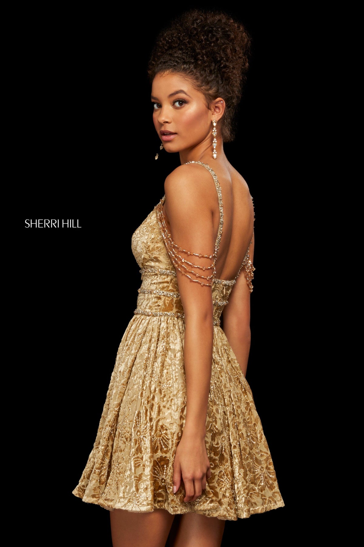 Sherri Hill 53065 burn out velvet cocktail dress in gold